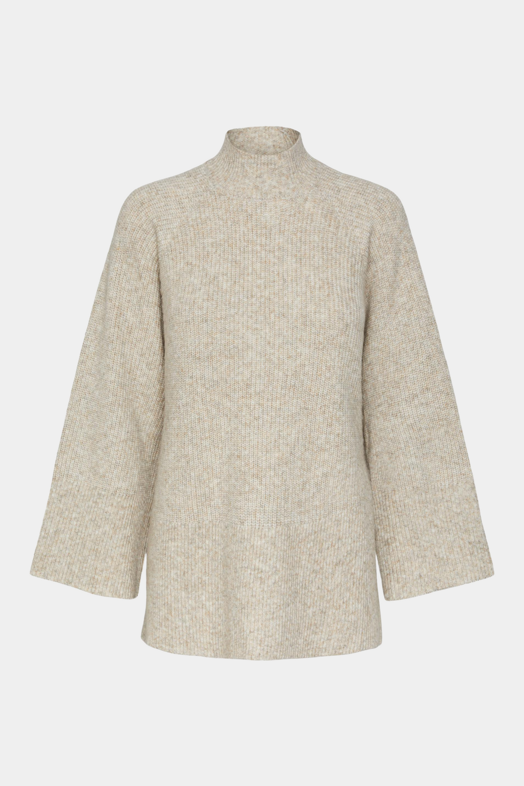 strik, knit, soft, blød, meleret, melange, beige, beigemeleret, langærmet, løs, loose, højhalset, turtle neck, oversize, slidser, varm, warm, vinter, efterår, simpel, klassisk, hverdag, staple, fin, feminin, kvinde, dame, woman