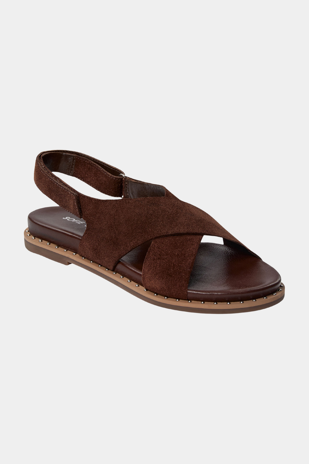 sandal, ruskind, suede, kryds, cross, hælrem, brun, brown, camel, caramel, nitter, studs, blød, soft, komfortabel, hverdag, fin, fest, blød, uden syninger, elegant, fin, feminin, hverdag, fest, kvinde, dame, woman