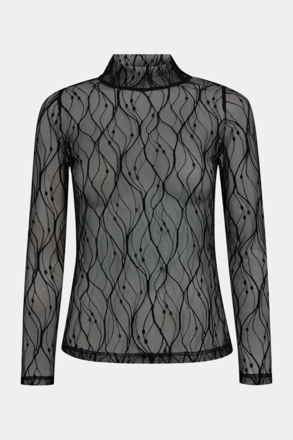 Fin, smuk, elegant, klassisk, staple, feminin, pæn, rå, cool, sej, unik, musthave, hverdag, fest, kvinde, dame, woman, bluse, blouse, mesh, transparent, gennemsigtig, højtalset, turleneck, langærmet, stretch, stretchy, elastik, blød, soft, lace, blonde