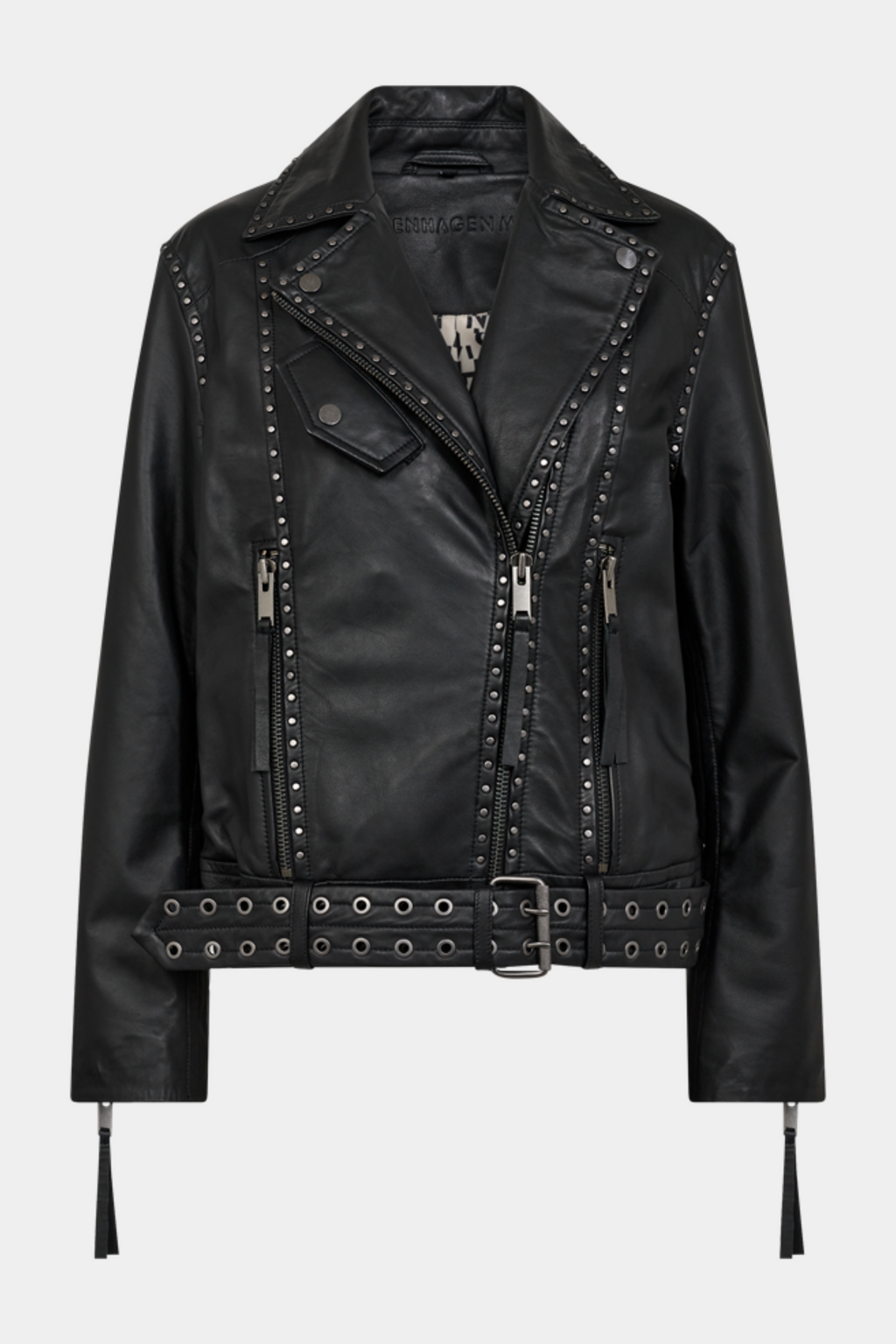 Fin, smuk, elegant, klassisk, staple, feminin, pæn, rå, cool, sej, unik, musthave, hverdag, fest, kvinde, dame, woman, læder, leather, biker, bikerjakke, læderjakke, leatherjacket, bomber, nitter, studs, oversize, løs, loose, bælte, goth, sort, black