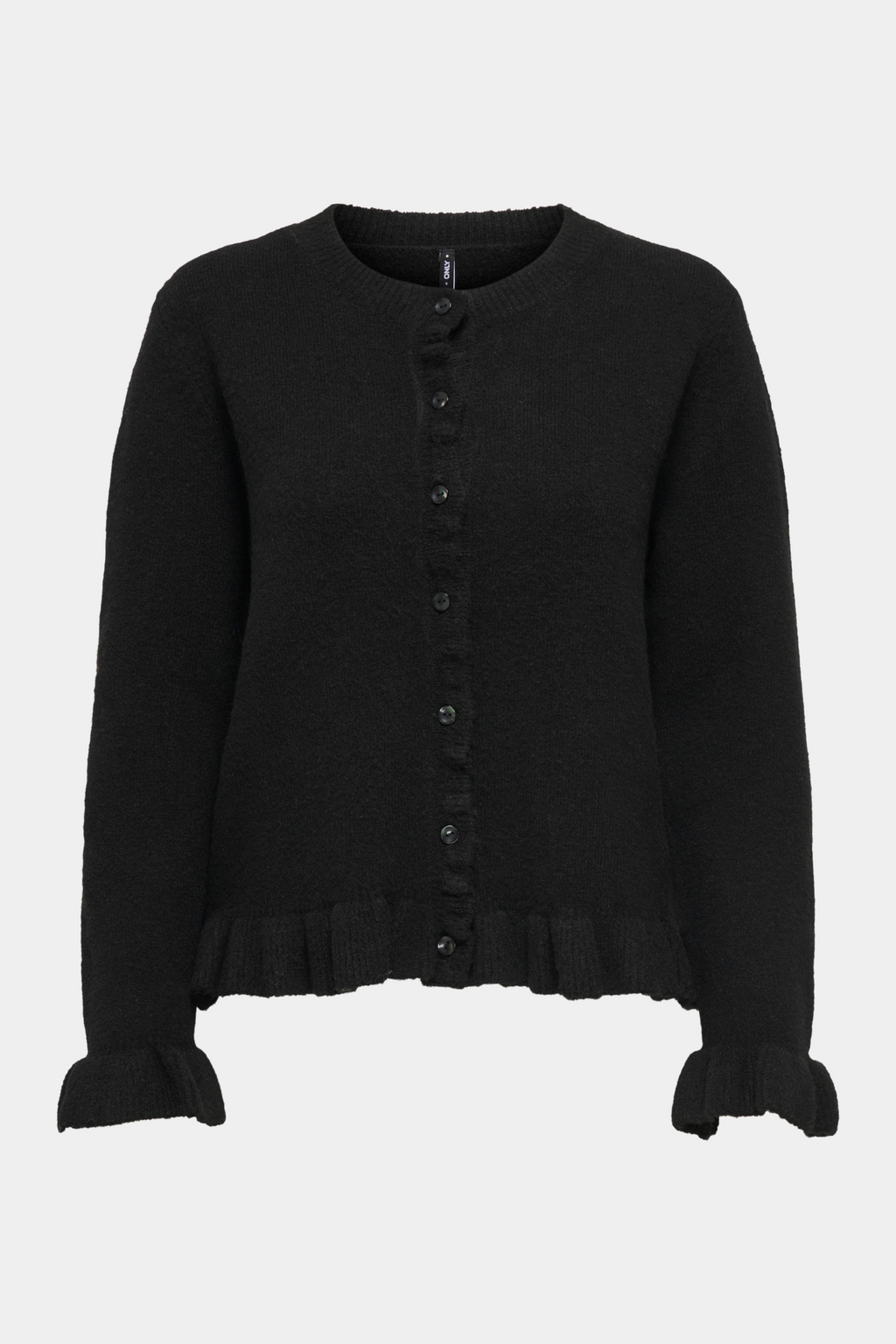 Fin, smuk, elegant, klassisk, staple, feminin, pæn, rå, cool, sej, unik, musthave, hverdag, fest, kvinde, dame, woman, cardigan, strik, knit, trøje, pullover, flæser, frynser, knapper, rund hals, blød, soft, langærmet, stretchy, klassisk, classic