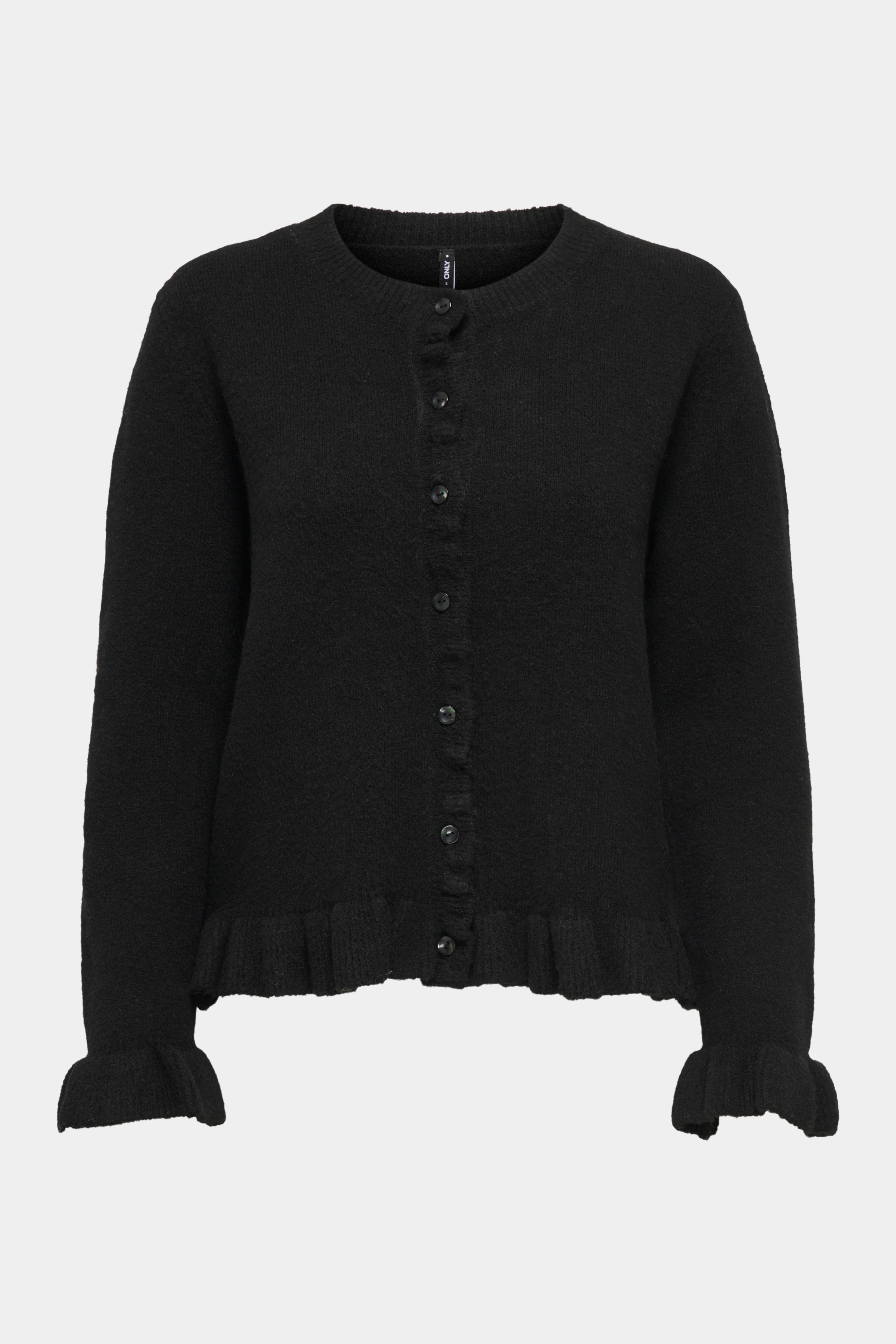 Fin, smuk, elegant, klassisk, staple, feminin, pæn, rå, cool, sej, unik, musthave, hverdag, fest, kvinde, dame, woman, cardigan, strik, knit, trøje, pullover, flæser, frynser, knapper, rund hals, blød, soft, langærmet, stretchy, klassisk, classic