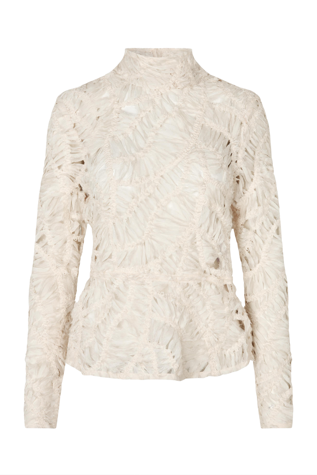 Fin, smuk, elegant, klassisk, staple, feminin, pæn, rå, cool, sej, unik, musthave, hverdag, fest, kvinde, dame, woman, bluse, blouse, blonde, lace, råhvid, knækket hvid, off white, langærmet, gennemsigtig, see through, transparent, højhalset