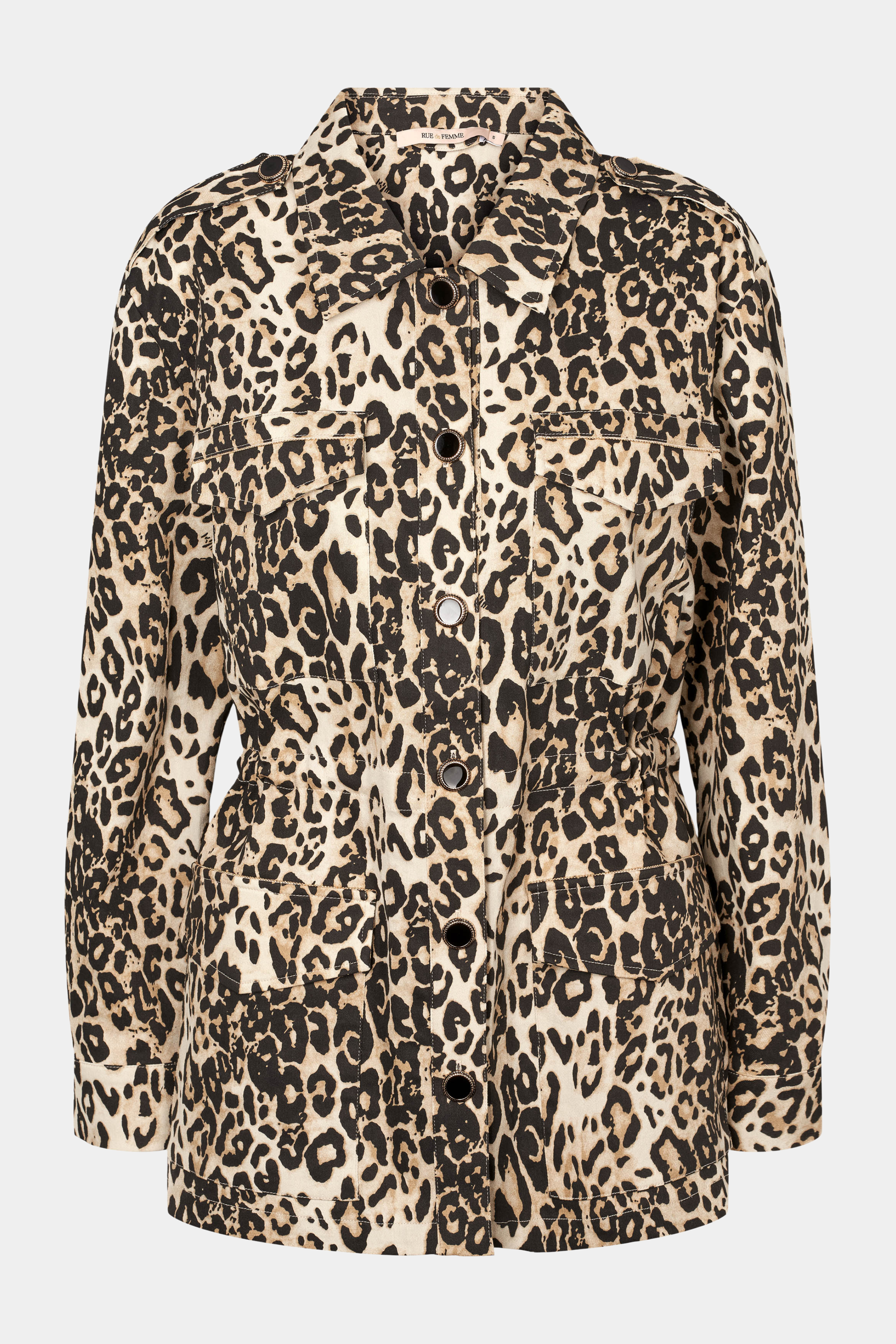 jakke, overtøj, jacket, skjorte, shirt, overshirt, lommer, brystlommer, leo, leopard, dyreprint, animal, brun, brown, beige, black, sort, talje, indsnøring, langærmet, cool, rå, hverdag, festival, praktisk, kvinde, dame, woman