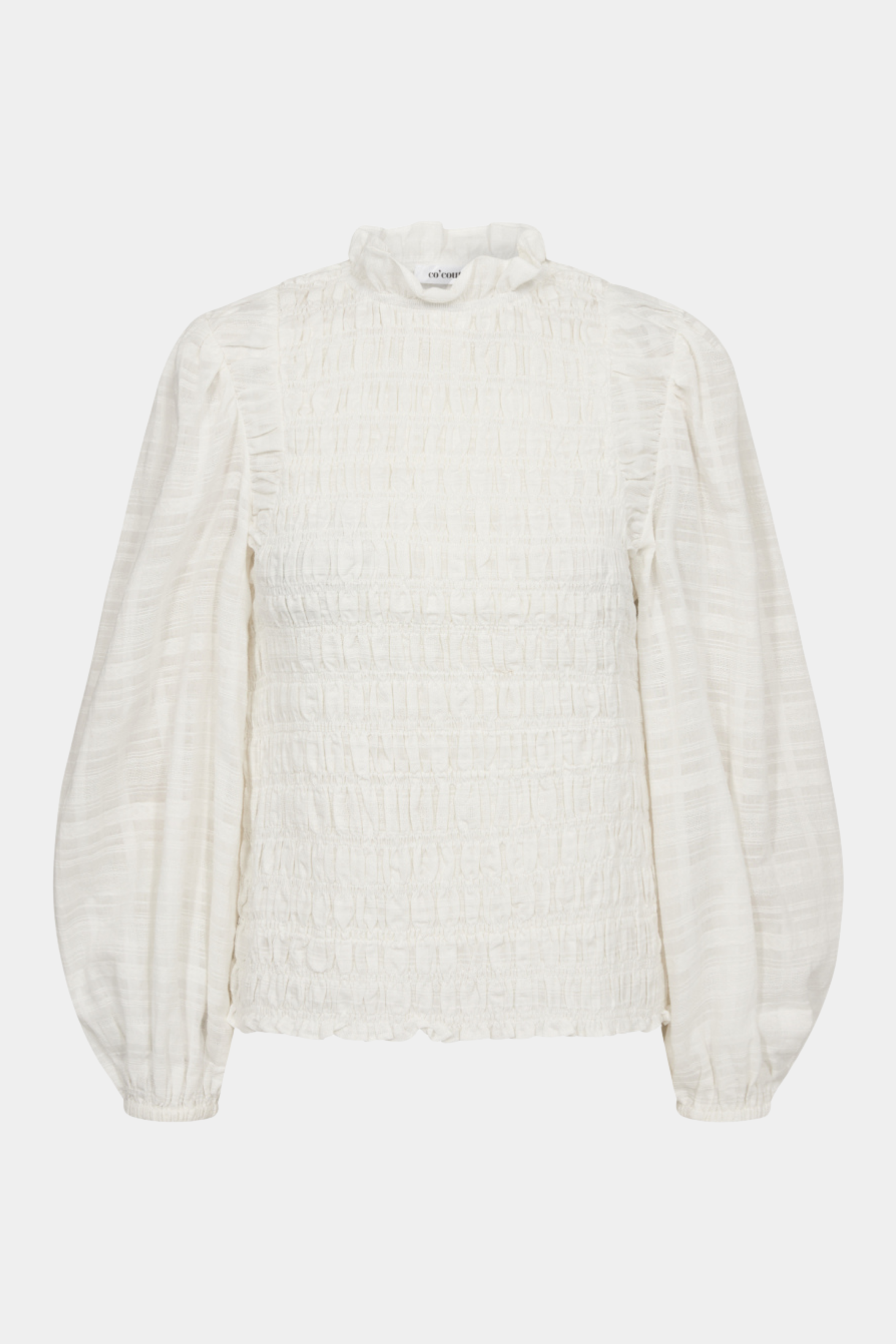 bluse, blouse, smock, elastik, langærmet, ballon, flæse, højhalset, hvid, white, råhvid, elegant, fin, feminin, struktur, hverdag, fest, klassisk, simpel, arbejde, work, business, kvinde, dame, woman