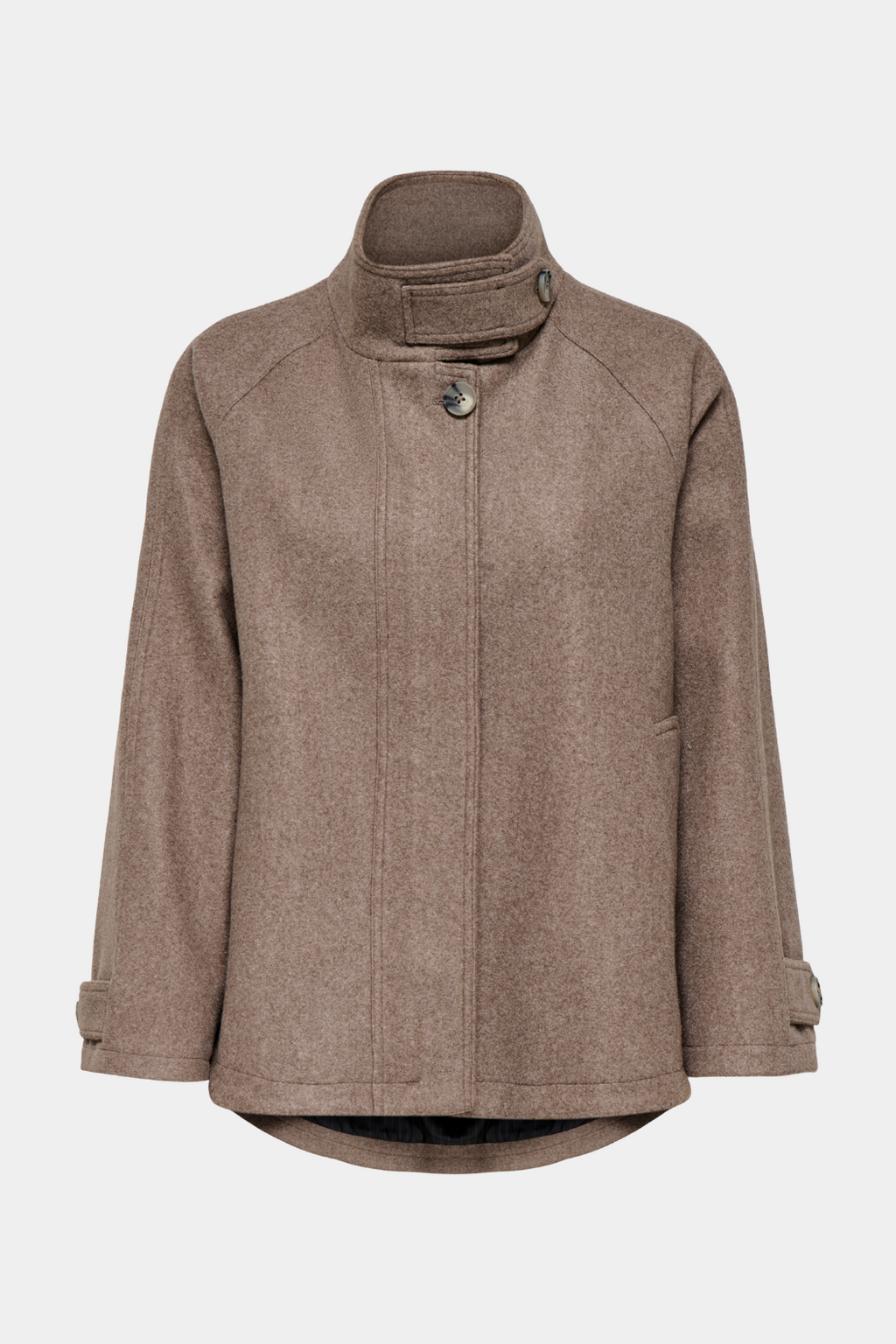 jakke, frakke, overtøj, kort, brun, melange, knapper, varm, blød, Fin, smuk, elegant, klassisk, staple, feminin, pæn, rå, cool, sej, unik, musthave, hverdag, fest, kvinde, dame, woman
