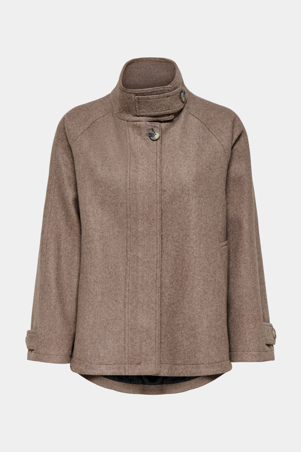 jakke, frakke, overtøj, kort, brun, melange, knapper, varm, blød, Fin, smuk, elegant, klassisk, staple, feminin, pæn, rå, cool, sej, unik, musthave, hverdag, fest, kvinde, dame, woman

