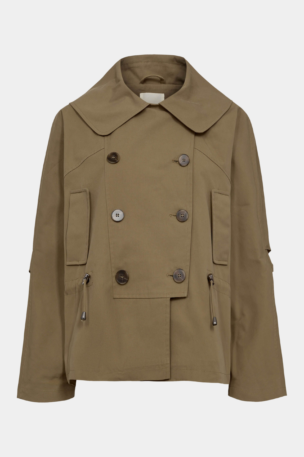 jakke, frakke, trenchcoat, kort, short, løs, loose, oversize, talje, feminin, cool, rå, hverdag, forår, efterår, sommer, sommerjakke, overgangsjakke, beige, mustard, camel, elegant, fin, feminin, kvinde, dame, woman, varm, overtøj, outerwear