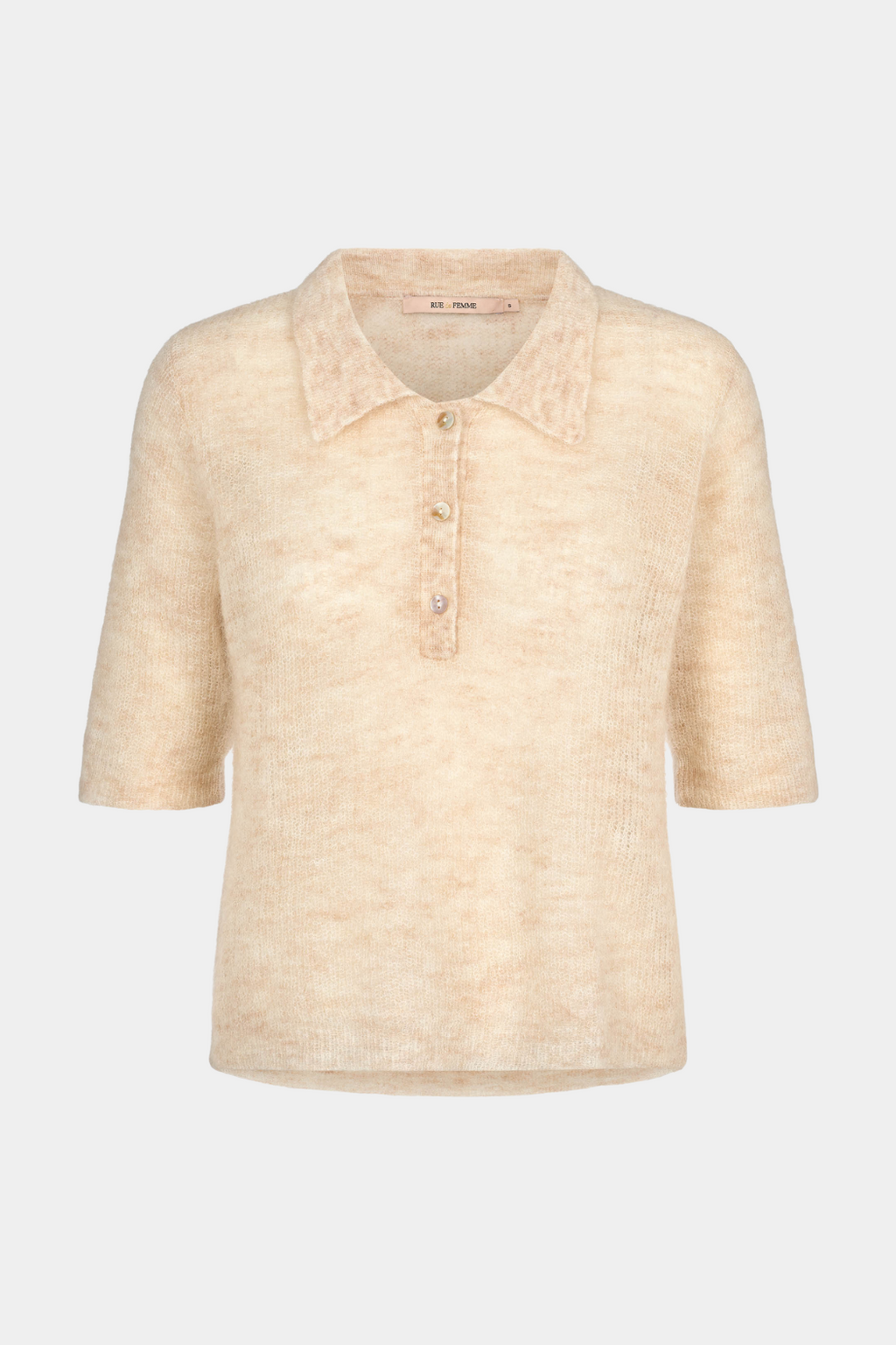 strik, polo, poloshirt, knit, melange, beige, blød, krave, knapper,Fin, smuk, elegant, klassisk, staple, feminin, pæn, rå, cool, sej, unik, musthave, hverdag, fest, kvinde, dame, woman
