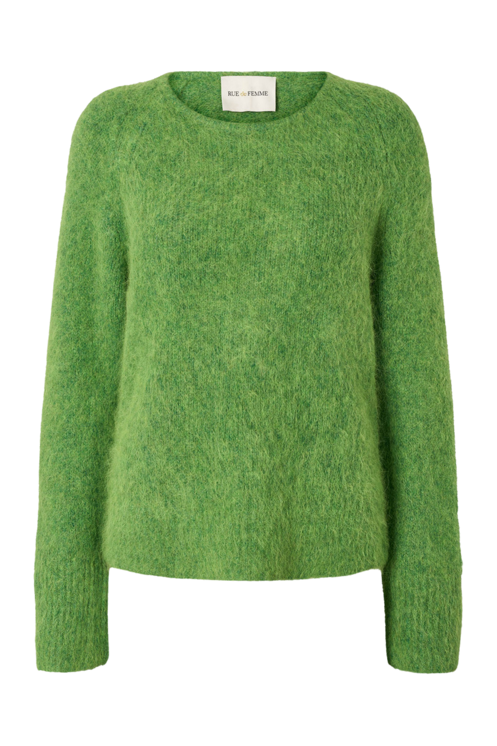 Fin, smuk, elegant, klassisk, staple, feminin, pæn, rå, cool, sej, unik, musthave, hverdag, fest, kvinde, dame, woman, strik, knit, pullover, striktrøje, strikbluse, grøn, green, græsgrøn, langærmet, blød, soft, langhåret, mohair, varm, warm