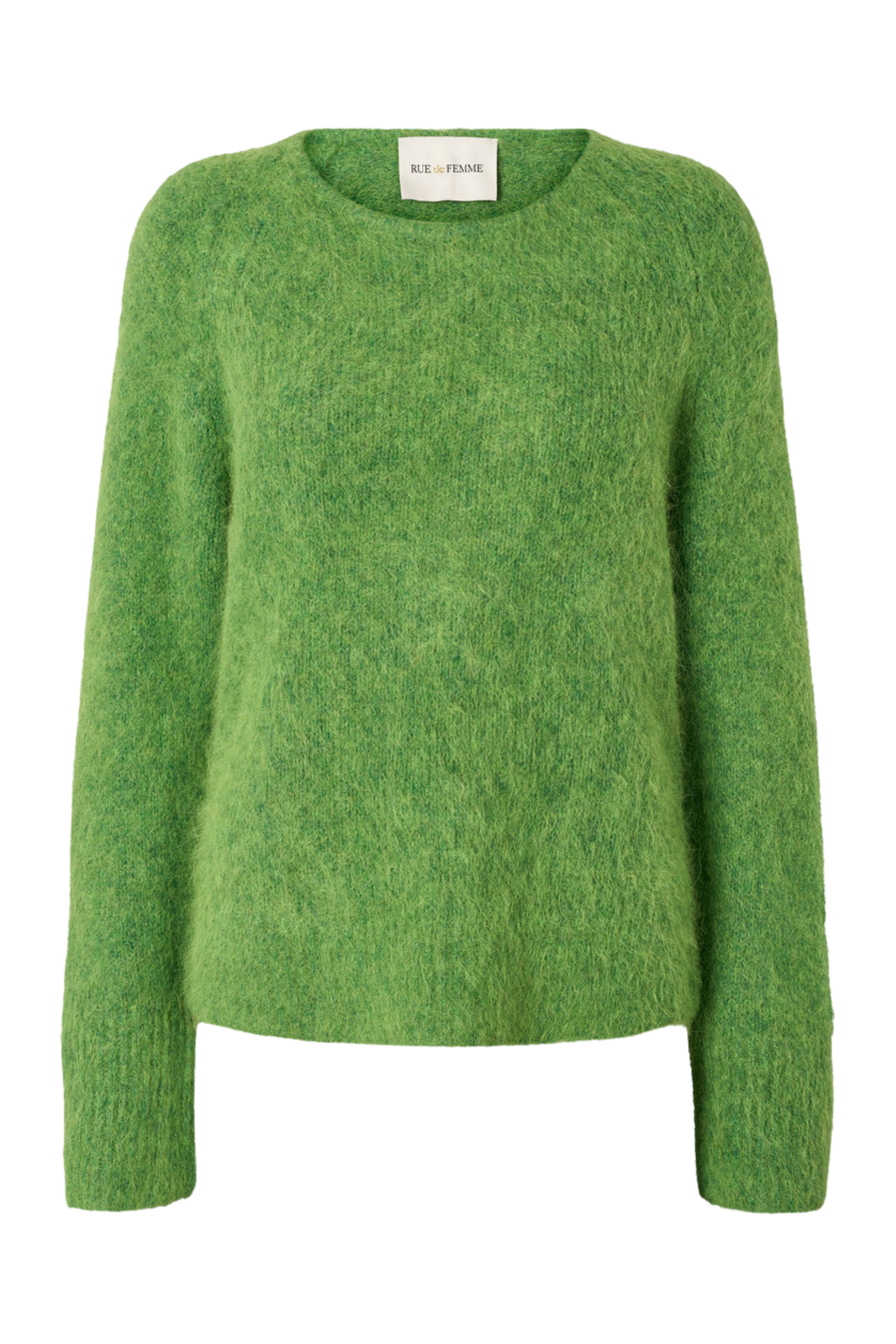 Fin, smuk, elegant, klassisk, staple, feminin, pæn, rå, cool, sej, unik, musthave, hverdag, fest, kvinde, dame, woman, strik, knit, pullover, striktrøje, strikbluse, grøn, green, græsgrøn, langærmet, blød, soft, langhåret, mohair, varm, warm