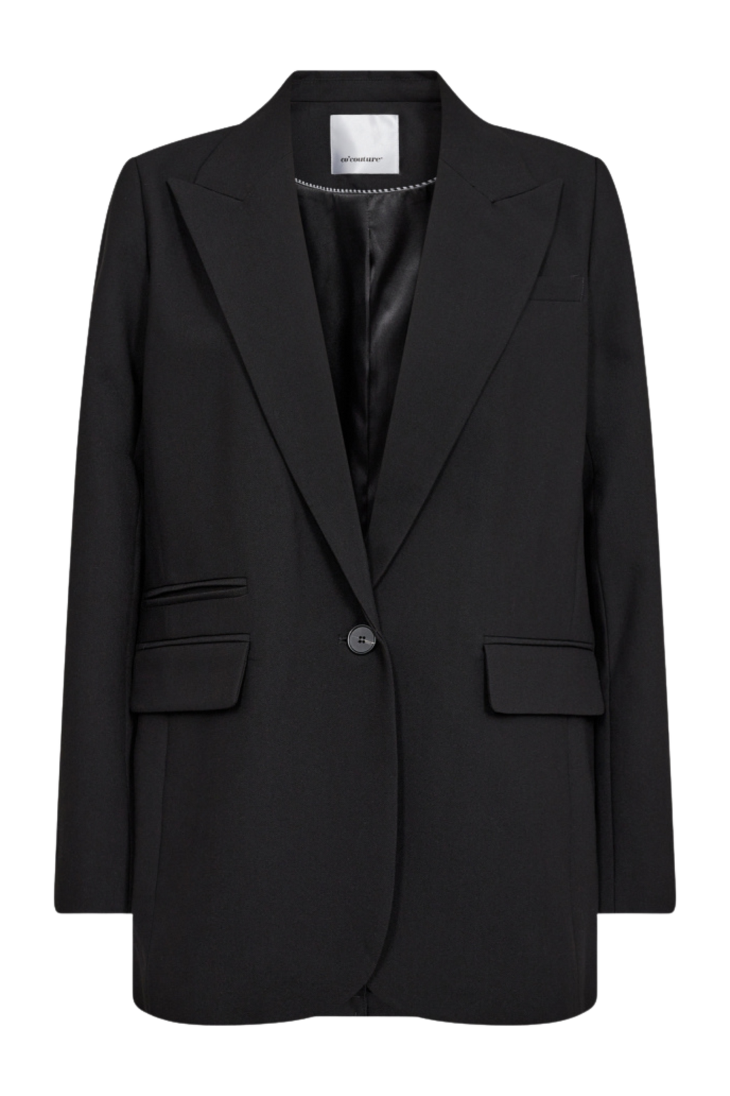 Fin, smuk, elegant, klassisk, staple, feminin, pæn, rå, cool, sej, unik, musthave, hverdag, fest, kvinde, dame, woman, blazer, blazerjakke, habit, habirjakke, suit, suiting, sort, black, klassisk, classic, oversize, loofe, løse, lang, long, revers, enkeltradet, satin, business, arbejde, work, job