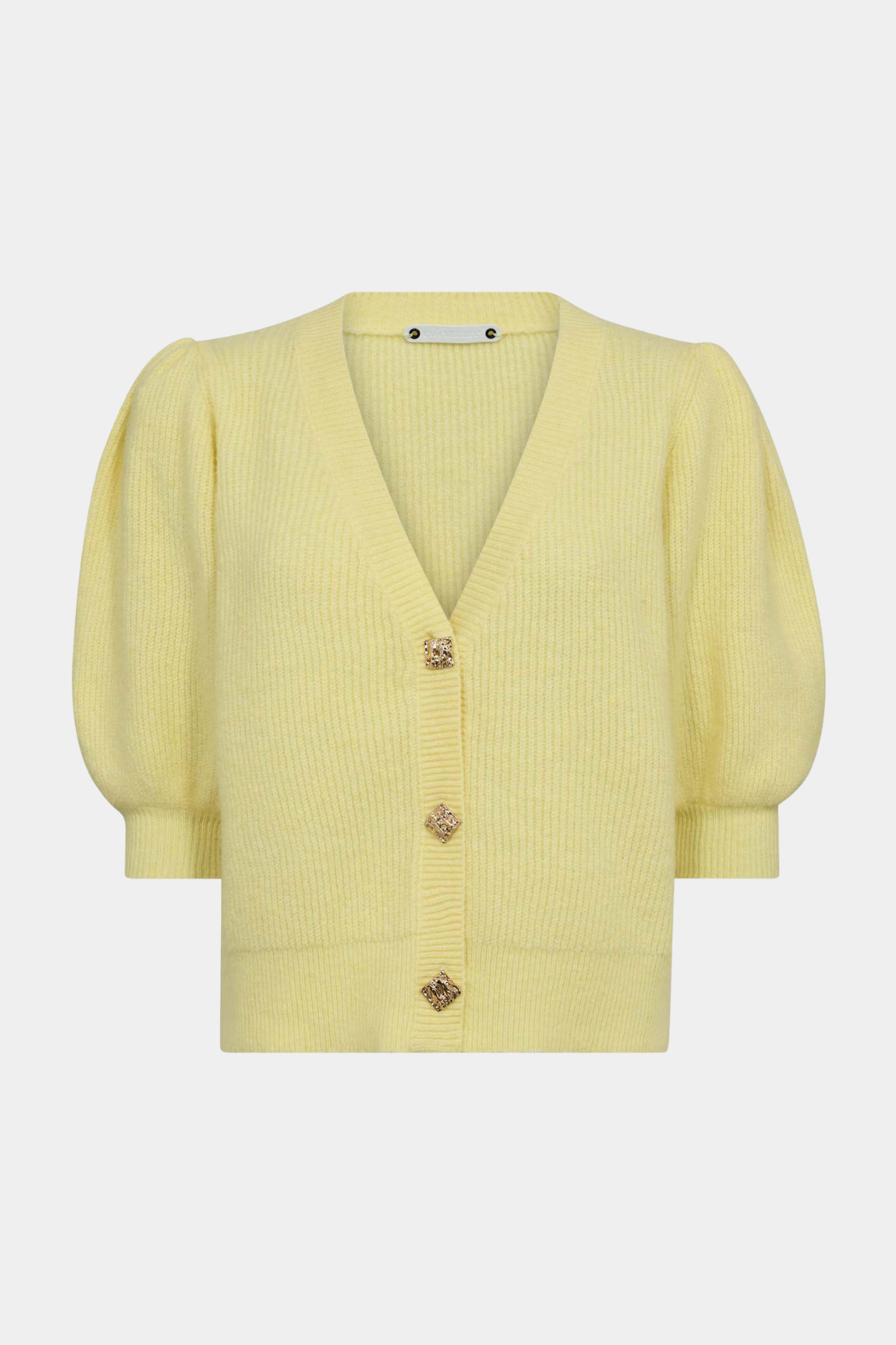 cardigan, strik,trøje, knapper, pufærmer, gul, lysegul, Fin, smuk, elegant, klassisk, staple, feminin, pæn, rå, cool, sej, unik, musthave, hverdag, fest, kvinde, dame, woman
