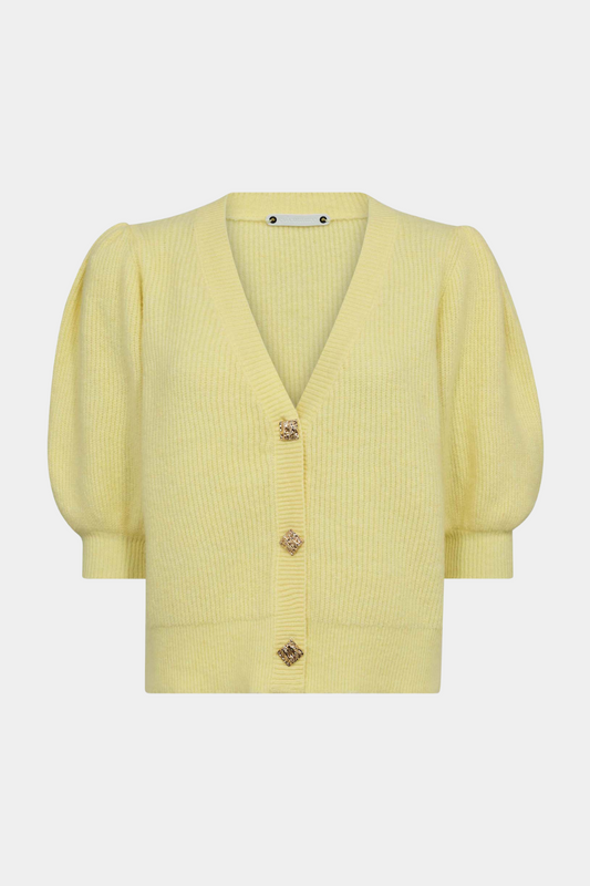 cardigan, strik,trøje, knapper, pufærmer, gul, lysegul, Fin, smuk, elegant, klassisk, staple, feminin, pæn, rå, cool, sej, unik, musthave, hverdag, fest, kvinde, dame, woman
