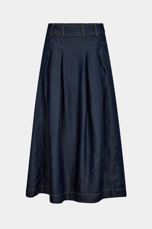nederdel, skirt, lang, denim, mørk, blød, tung, Fin, smuk, elegant, klassisk, staple, feminin, pæn, rå, cool, sej, unik, musthave, hverdag, fest, kvinde, dame, woman

