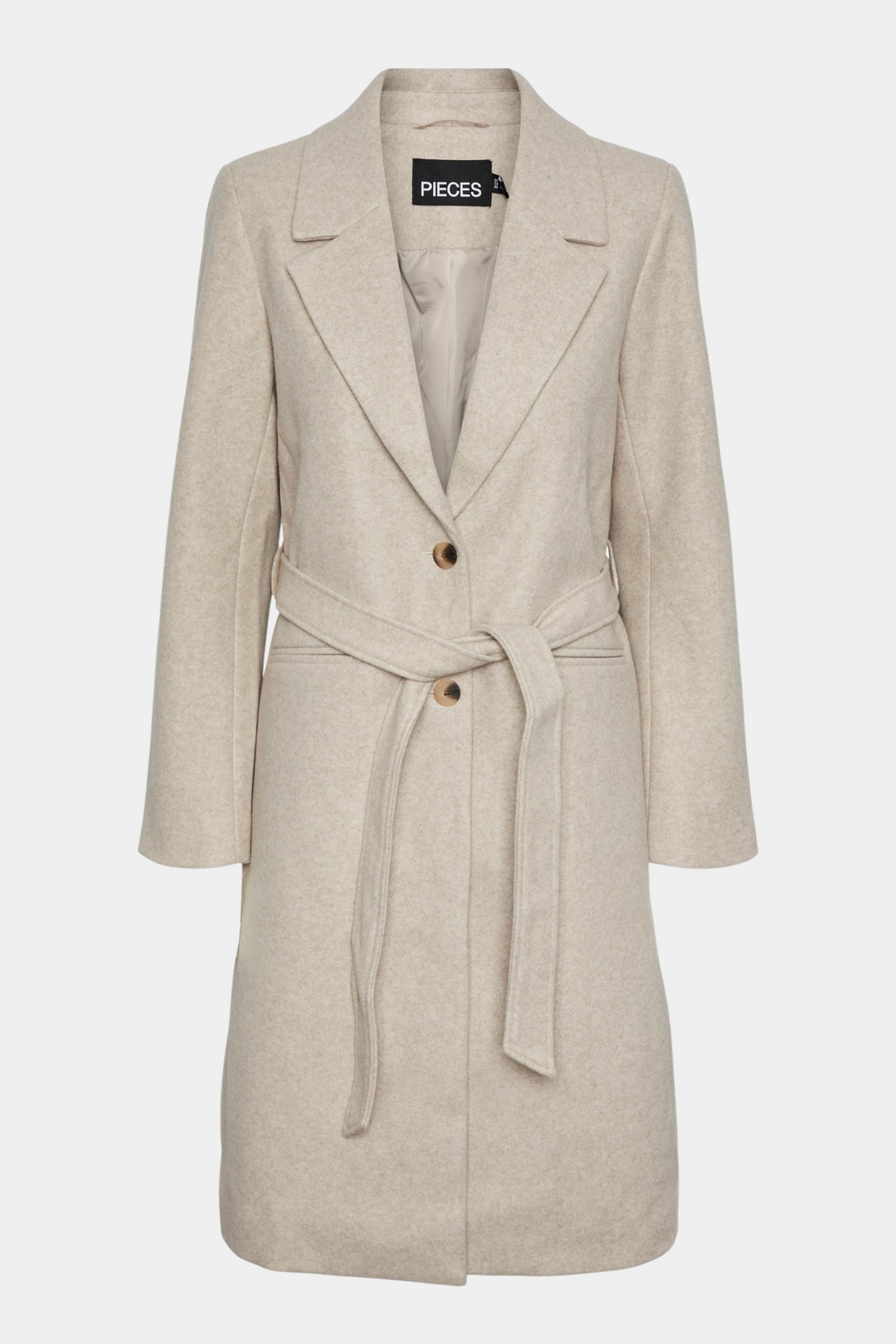 jakke, frakke, trenchcoat, coat, jacket, uld, wool, fleece, filt, blød, soft, overgangsjakke, efterårsjakke, beige, meleret, melange, bælte, bindebånd, lang, long, klassisk, classic, staple, elegant, fin, feminin, kvinde, dame, woman