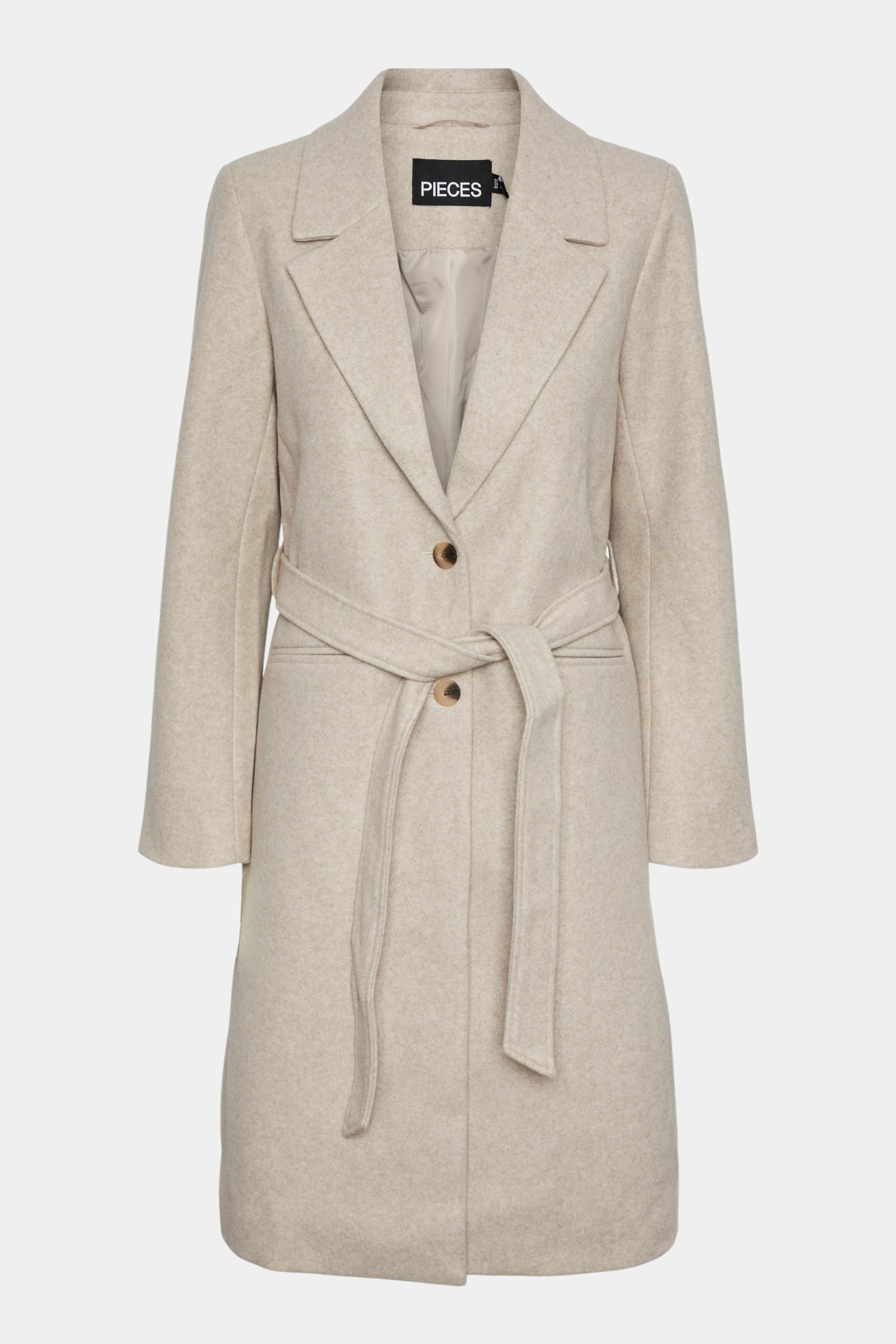 jakke, frakke, trenchcoat, coat, jacket, uld, wool, fleece, filt, blød, soft, overgangsjakke, efterårsjakke, beige, meleret, melange, bælte, bindebånd, lang, long, klassisk, classic, staple, elegant, fin, feminin, kvinde, dame, woman