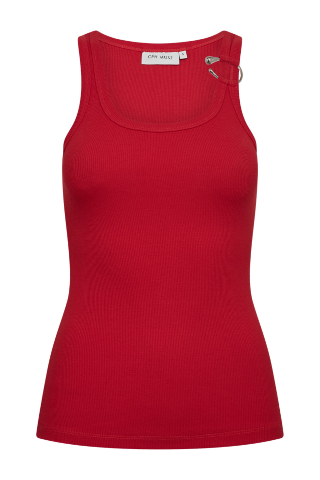 Fin, smuk, elegant, klassisk, staple, feminin, pæn, rå, cool, sej, unik, musthave, hverdag, fest, kvinde, dame, woman, top, tætsiddende, tight, slim, rib, ribstrik, blød, soft, spænde, rund hals, udskæring, basic, basis, red, rød, sølv, silver