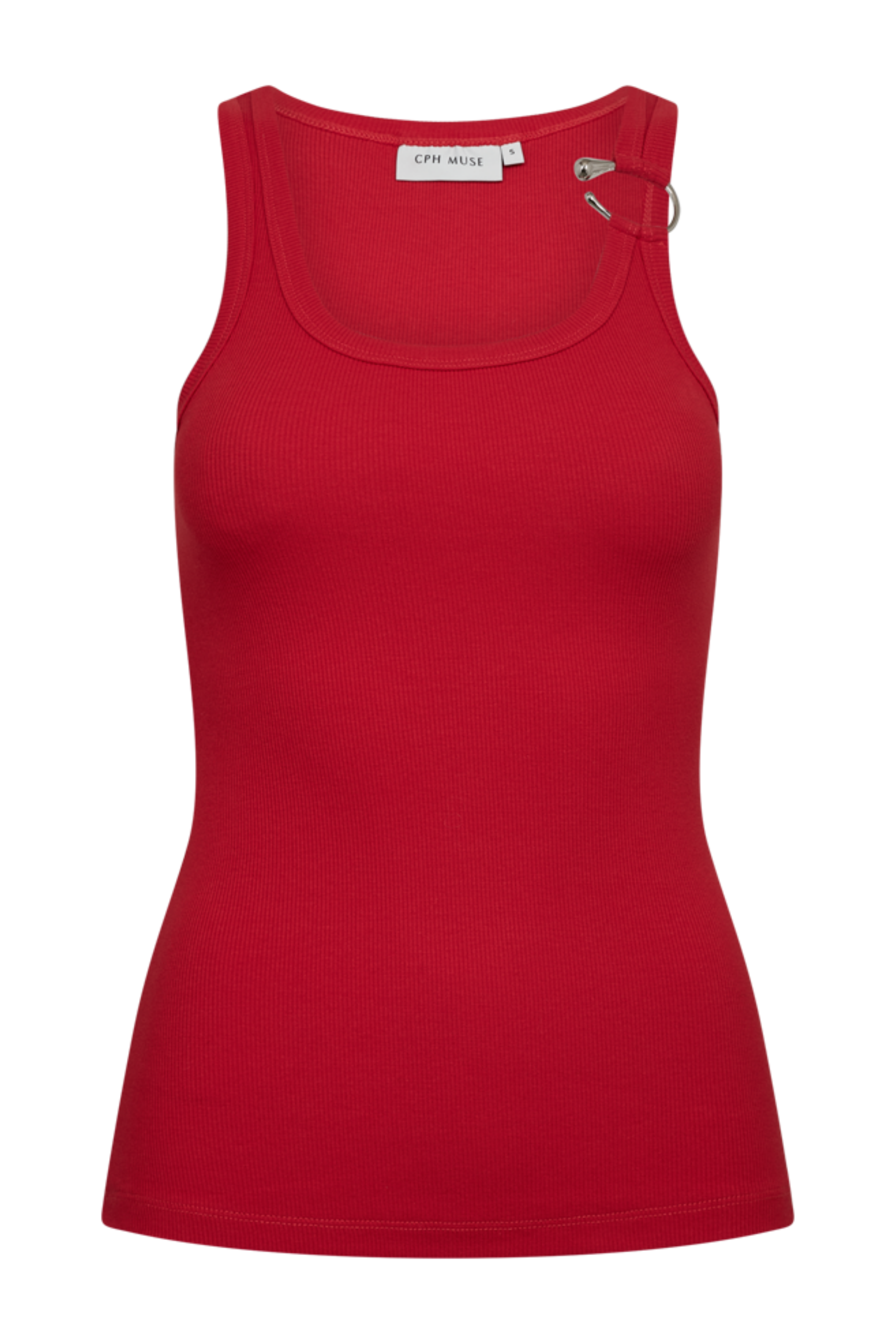 Fin, smuk, elegant, klassisk, staple, feminin, pæn, rå, cool, sej, unik, musthave, hverdag, fest, kvinde, dame, woman, top, tætsiddende, tight, slim, rib, ribstrik, blød, soft, spænde, rund hals, udskæring, basic, basis, red, rød, sølv, silver