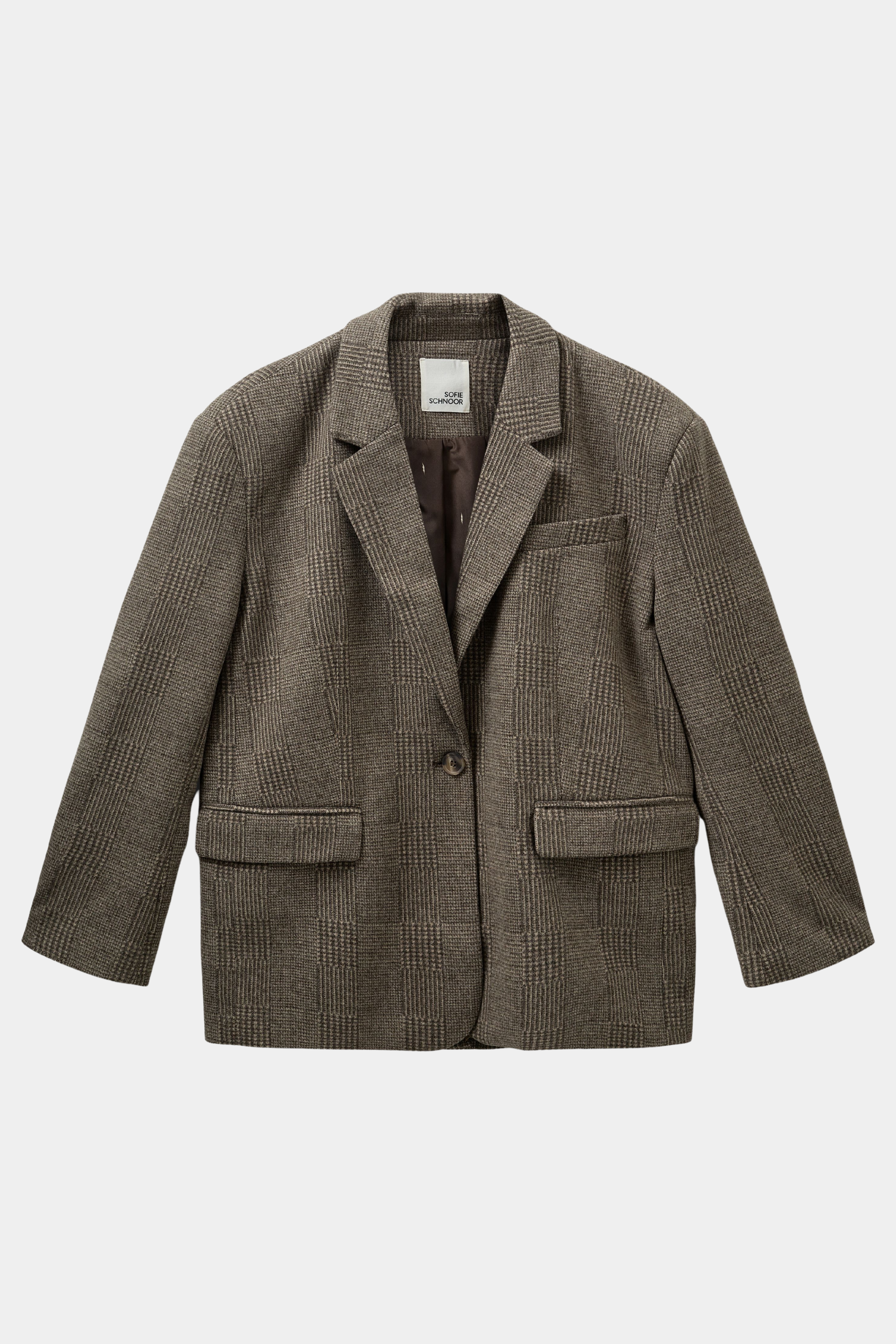 jakke, frakke, blazer, blazerjakke, habit, habitjakke, tern, check, pepita, brun, brown, jord, klassisk, cool, oversize, løs, loose, hverdag, fin, fest, rå, kvinde, dame, woman, unisex