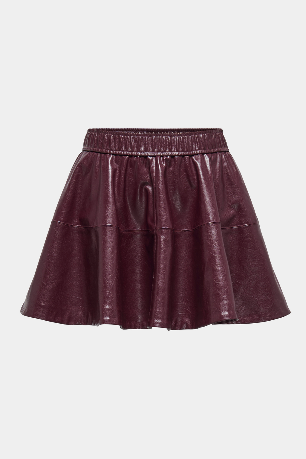 Fin, smuk, elegant, klassisk, staple, feminin, pæn, rå, cool, sej, unik, musthave, hverdag, fest, kvinde, dame, woman, nederdel, skirt, skater, skaterskirt, rød, bordeaux, wine, vinrød, mørkerød, a-shape, løs, loose, elastik, kort, short, midi, kunstlæder, kunstskind, faux