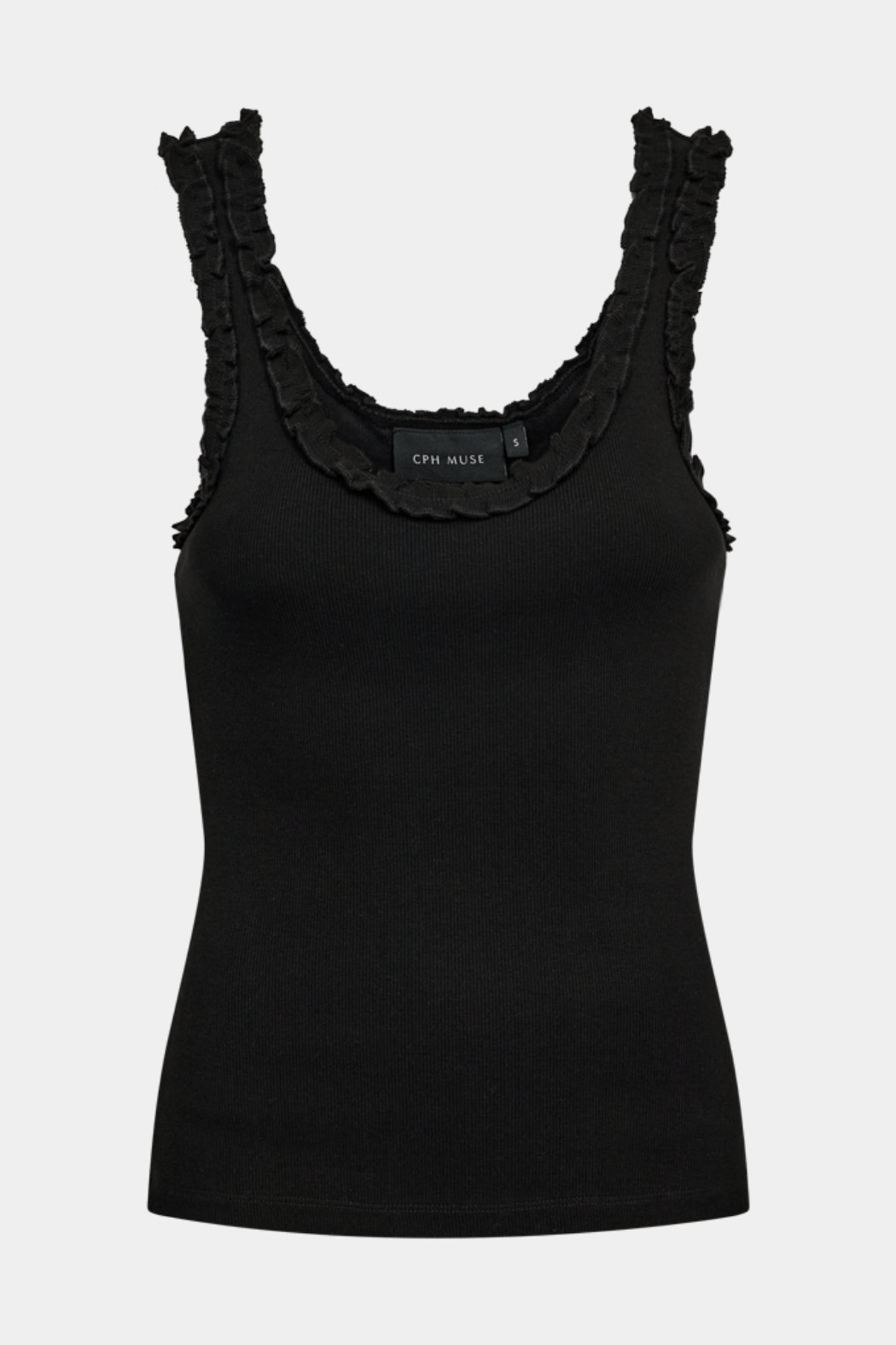 Fin, smuk, elegant, klassisk, staple, feminin, pæn, rå, cool, sej, unik, musthave, hverdag, fest, kvinde, dame, woman, top, bluse, strop top, stropper, flæser, floss, frill, sort, black, tætsiddende, tight, slim, rib, sommertop, summer