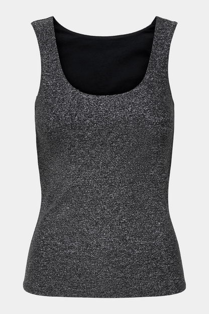 Fin, smuk, elegant, klassisk, staple, feminin, pæn, rå, cool, sej, unik, musthave, hverdag, fest, kvinde, dame, woman, top, vendbar, glimmer, glitter, sølv, silver, tætsiddende, stram, tight, stretchy, stretch, elastik, sommer