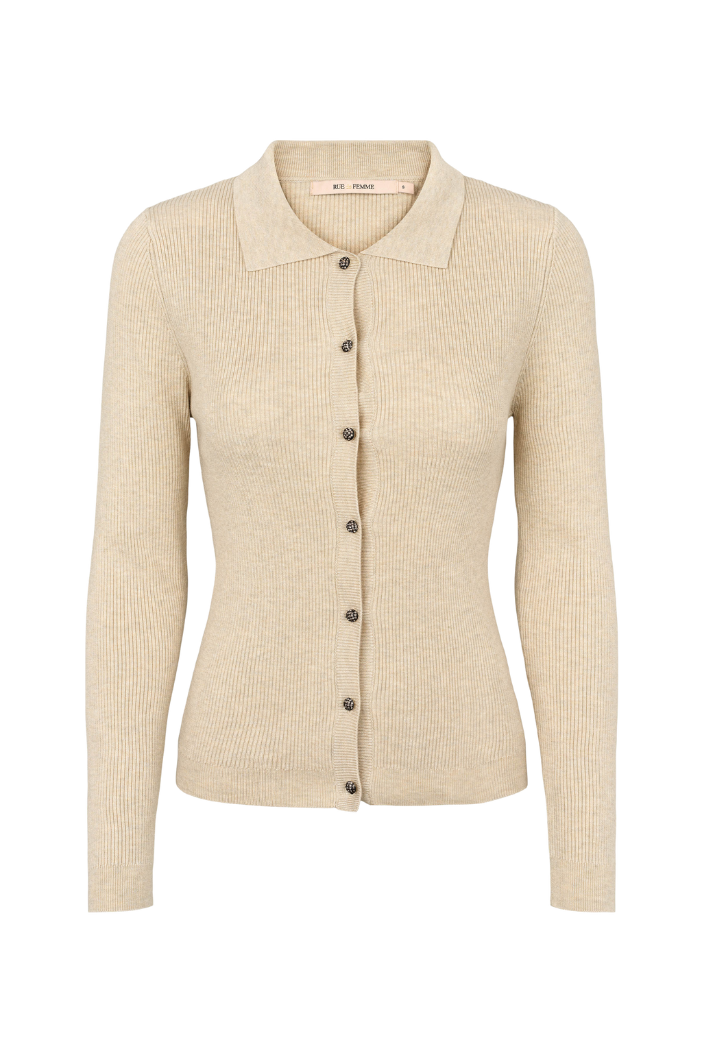 caredigan, stik, knit, beige, melange, knapper, krave, rib, varm, Fin, smuk, elegant, klassisk, staple, feminin, pæn, rå, cool, sej, unik, musthave, hverdag, fest, kvinde, dame, woman
