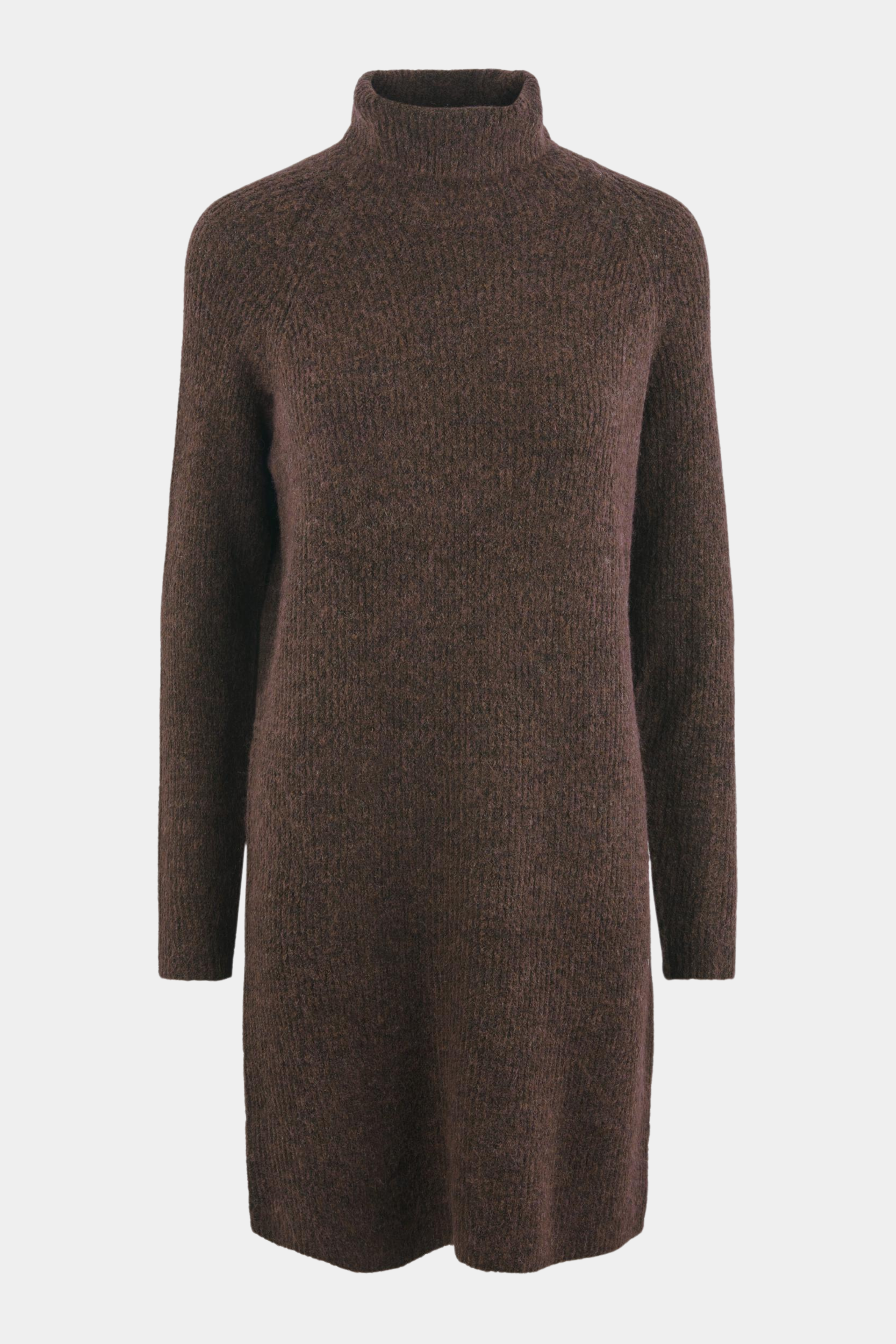 kjole, dress, knit, strikkjole, knitdress, brun, brown, coffee, chokolade, chocolate, mørkebrun, langærmet, løs, loose, rullekrave, turtle neck, hverdag, fin, blød, soft, varm, stretch, stretchy, vinter, efterår, kvinde, dame, woman, kort, knælang
