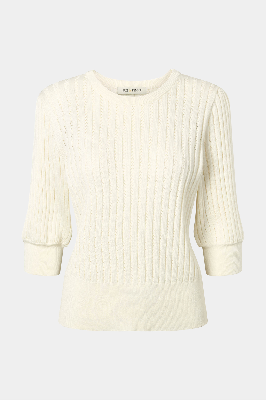 strik, knit, bluse, overdel, hulmønster, pointelle, puf, off white, Fin, smuk, elegant, klassisk, staple, feminin, pæn, rå, cool, sej, unik, musthave, hverdag, fest, kvinde, dame, woman
