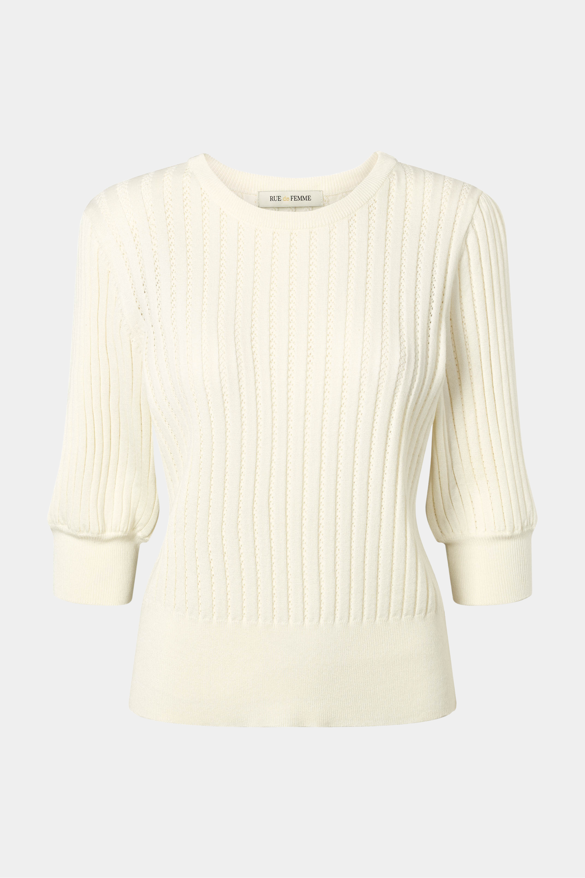 strik, knit, bluse, overdel, hulmønster, pointelle, puf, off white, Fin, smuk, elegant, klassisk, staple, feminin, pæn, rå, cool, sej, unik, musthave, hverdag, fest, kvinde, dame, woman
