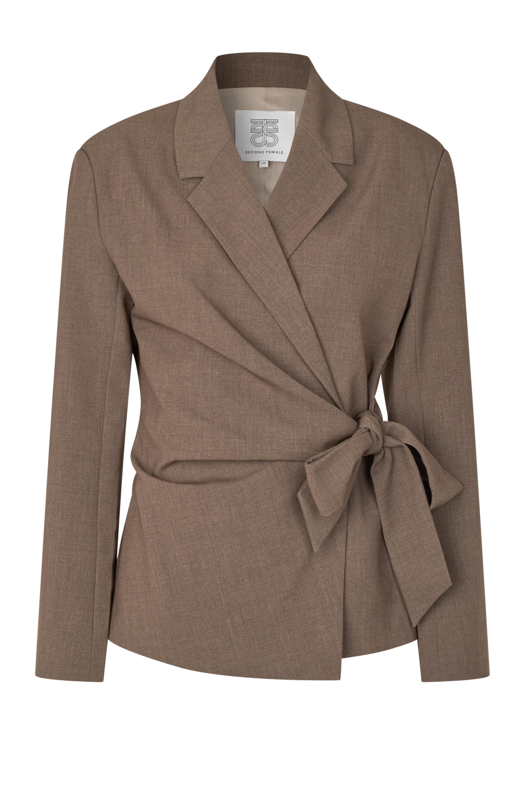 Fin, smuk, elegant, klassisk, staple, feminin, pæn, rå, cool, sej, unik, musthave, hverdag, fest, kvinde, dame, woman, blazer, blazerjakke, habit, brun, beige, meleret, melange, bindebånd, talje, taljeret, langærmet, business, arbejde, work, tidsløs