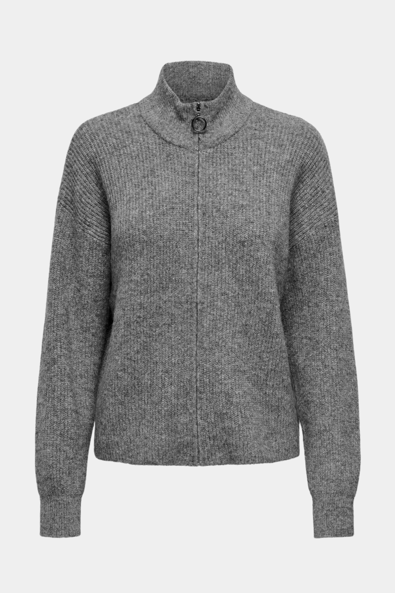 strik, knit, cardigan, trøje, pullover, grå, grey, melange, lynlås, zip, blød, varm, fin, smuk, elegant, klassisk, feminin, pæn, rå, cool, sej, unik, musthave, hverdag, fest