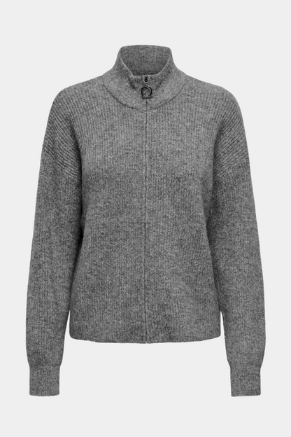 strik, knit, cardigan, trøje, pullover, grå, grey, melange, lynlås, zip, blød, varm, fin, smuk, elegant, klassisk, feminin, pæn, rå, cool, sej, unik, musthave, hverdag, fest