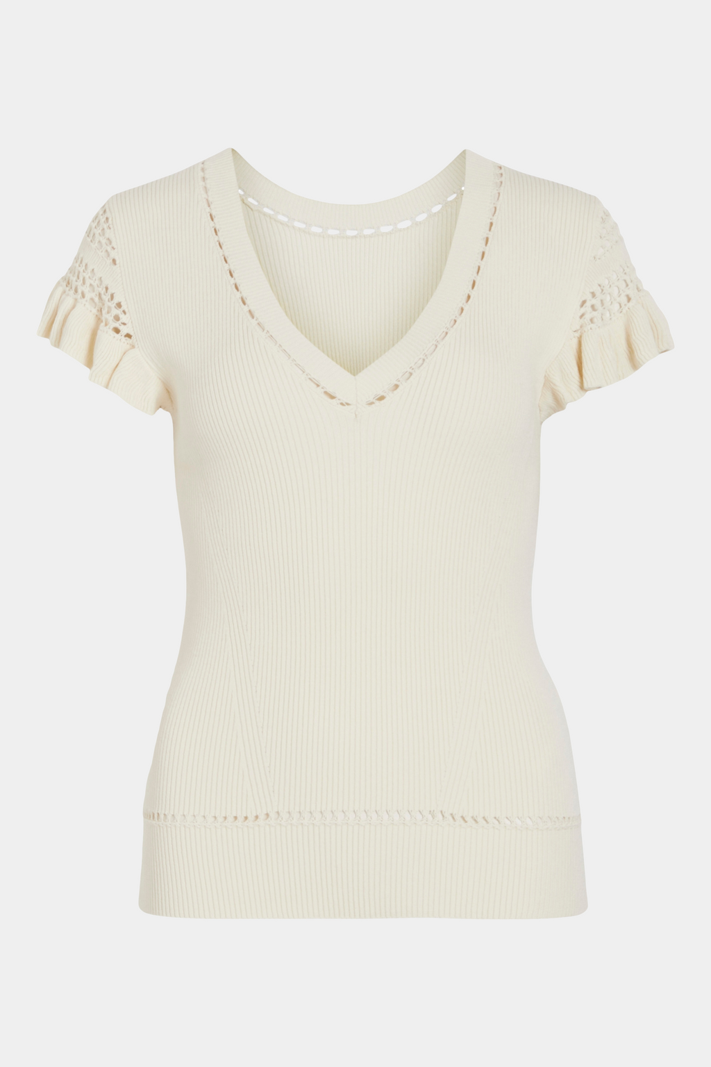 top, bluse, kortærmet, ærmeløs, flæse, flæser, hulmønster, strik, knit, ribstrik, v-hals, blød, soft, tætsiddende, tight, creme, råhvid, elegant, fin, feminin, boheme, hvedag, fest, sommer, sommertop, kvinde, dame, woman