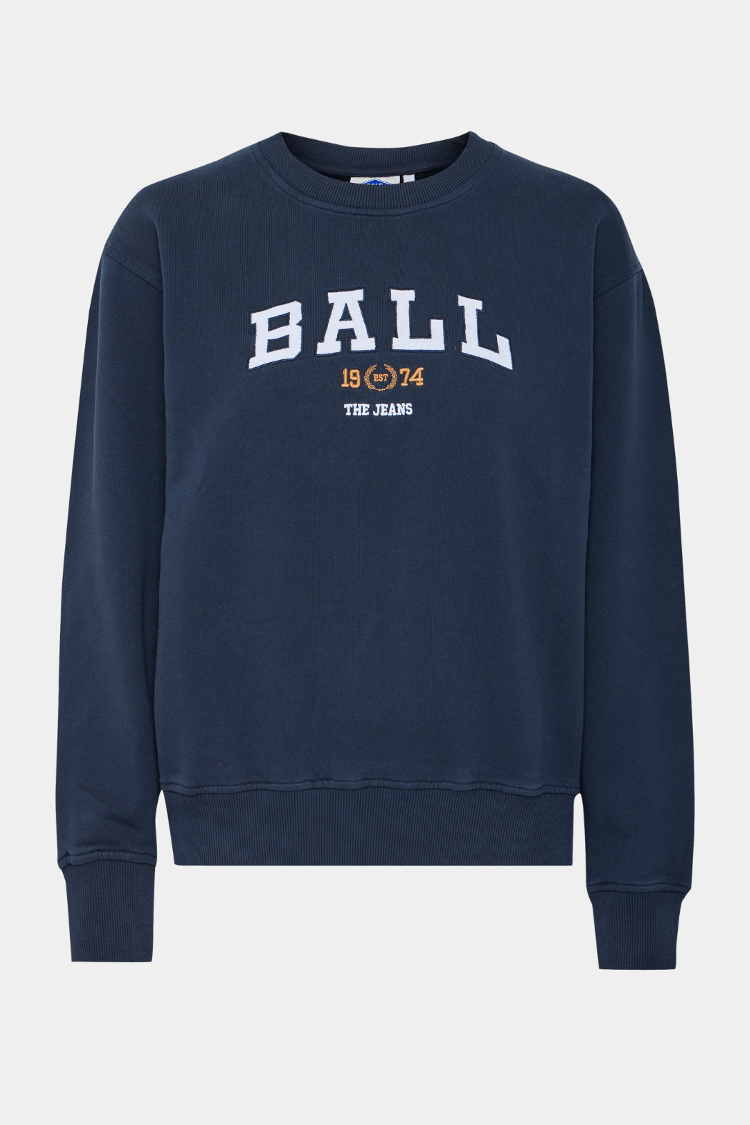 sweat, bluse, blå, navy, logo, broderi, Fin, smuk, elegant, klassisk, staple, feminin, pæn, rå, cool, sej, unik, musthave, hverdag, fest, kvinde, dame, woman
