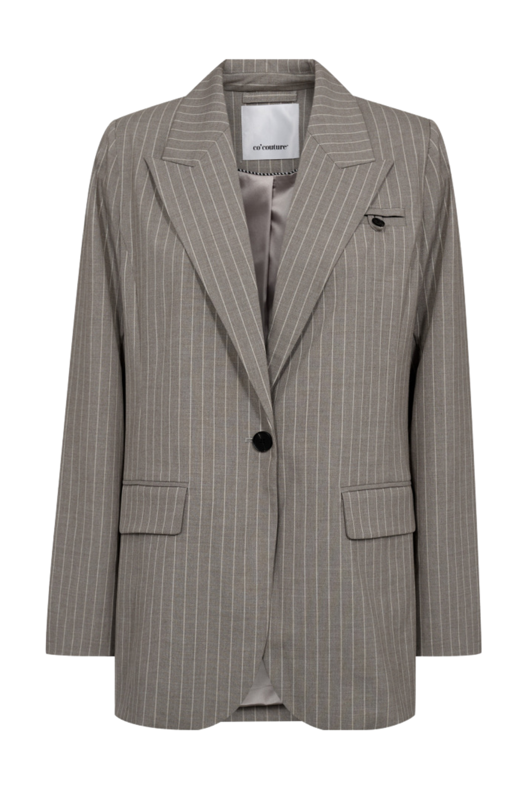 Blazer, habit, blazerjakke, habitjakke, striber, stribet, nålestriber, knapper, beige, grå, Fin, smuk, elegant, klassisk, staple, feminin, pæn, rå, cool, sej, unik, musthave, hverdag, fest, kvinde, dame, woman
