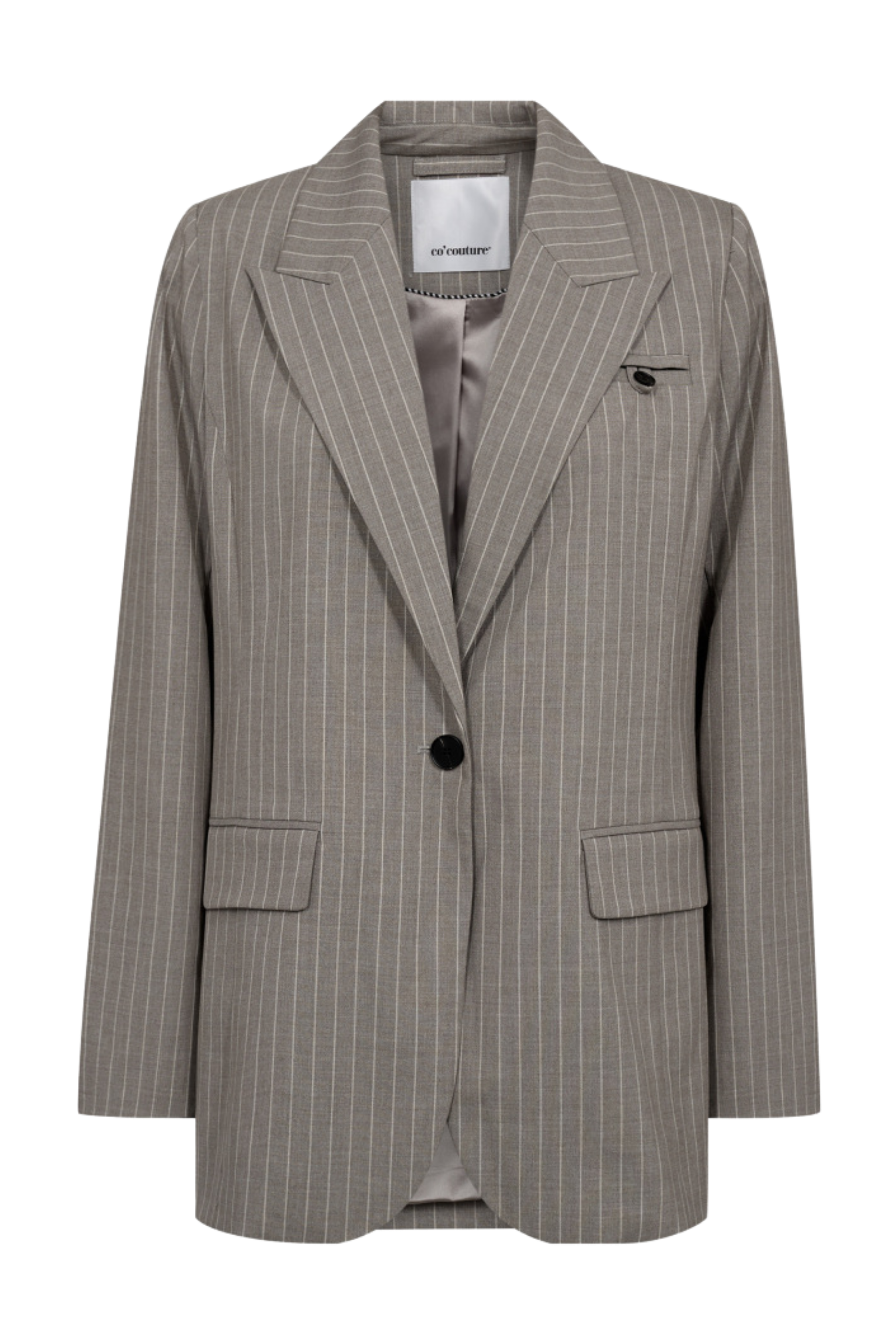 Blazer, habit, blazerjakke, habitjakke, striber, stribet, nålestriber, knapper, beige, grå, Fin, smuk, elegant, klassisk, staple, feminin, pæn, rå, cool, sej, unik, musthave, hverdag, fest, kvinde, dame, woman
