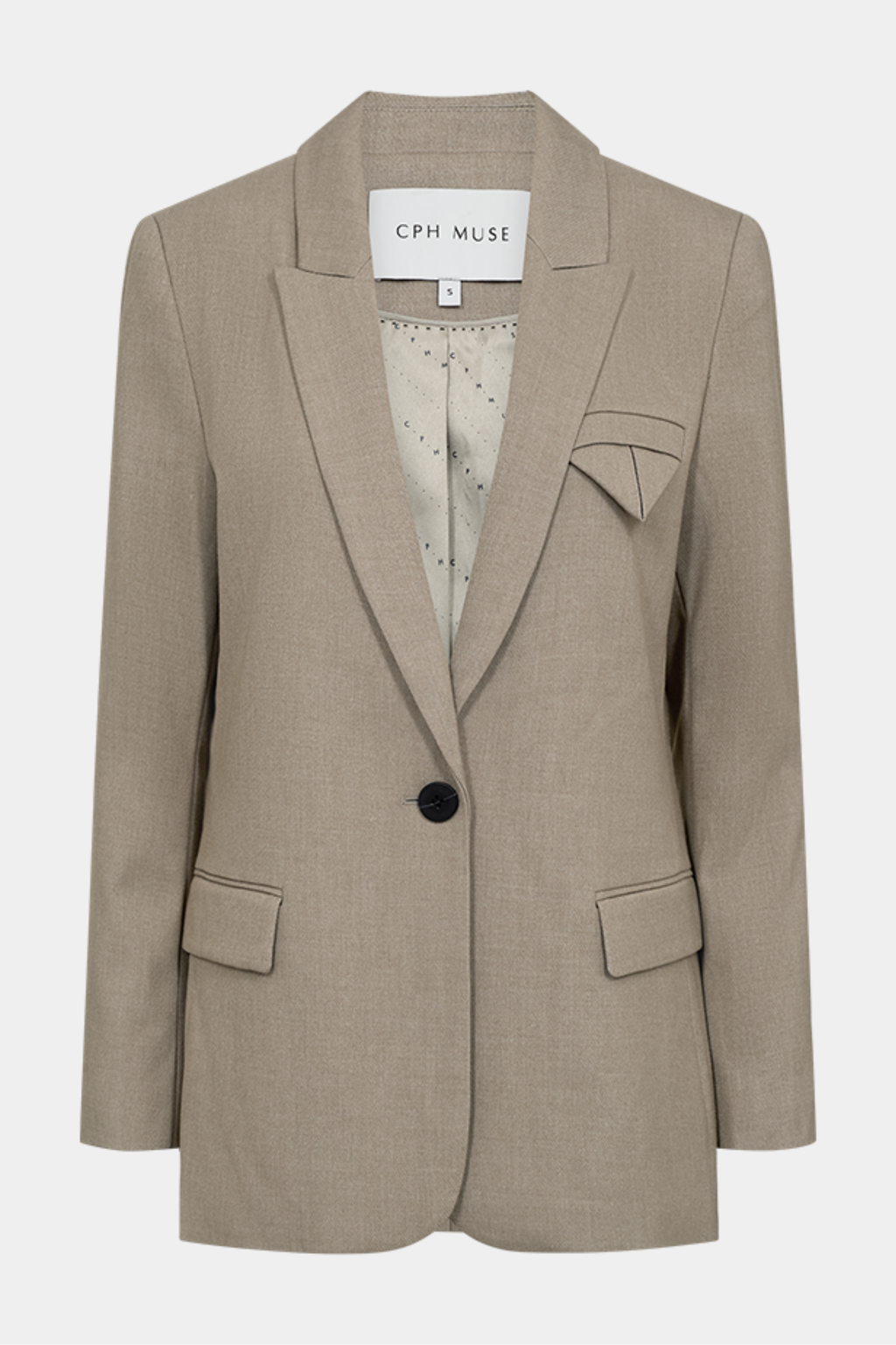 jakke, blazer, blazerjakke, habitjakke, beige, knap, fitted, Fin, smuk, elegant, klassisk, staple, feminin, pæn, rå, cool, sej, unik, musthave, hverdag, fest, kvinde, dame, woman
