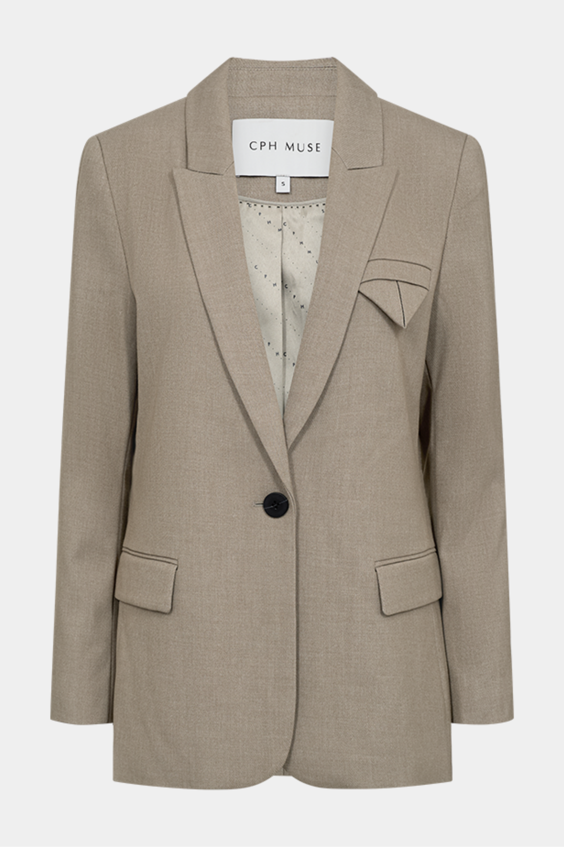 jakke, blazer, blazerjakke, habitjakke, beige, knap, fitted, Fin, smuk, elegant, klassisk, staple, feminin, pæn, rå, cool, sej, unik, musthave, hverdag, fest, kvinde, dame, woman
