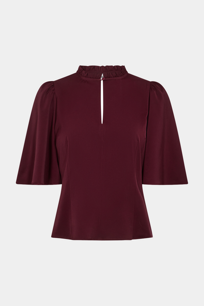 bluse, blouse, overdel, rød, burgundy, mørkerød, bar ryg, flæse, knap, Fin, smuk, elegant, klassisk, feminin, pæn, rå, cool, sej, unik, musthave, hverdag, fest 