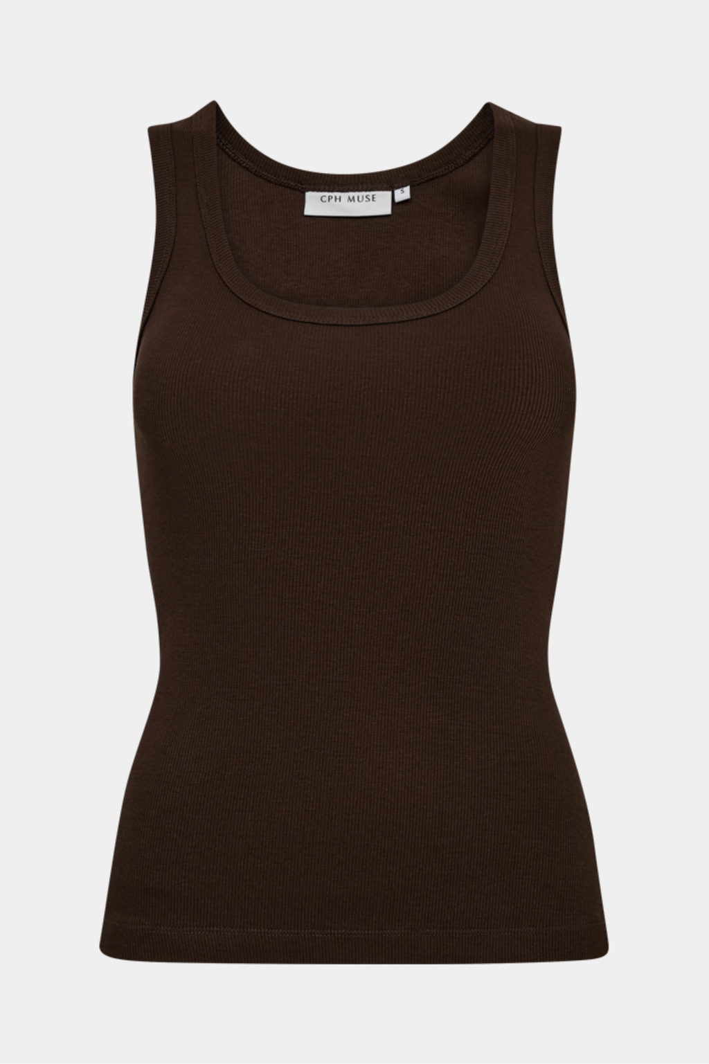 top, overdel, stroptop, basic, brun, mørkebrun, rib, logo, Fin, smuk, elegant, klassisk, staple, feminin, pæn, rå, cool, sej, unik, musthave, hverdag, fest, kvinde, dame, woman
