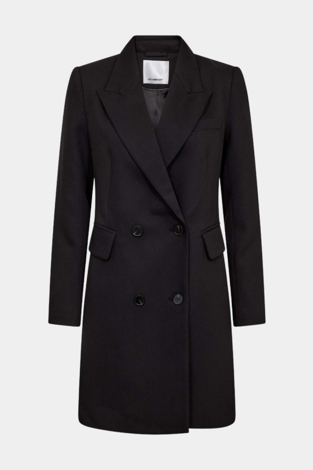 blazer, habit, kjole, dress, sort, dobbeltradet, knapper, lommer, Fin, smuk, elegant, klassisk, staple, feminin, pæn, rå, cool, sej, unik, musthave, hverdag, fest, kvinde, dame, woman
