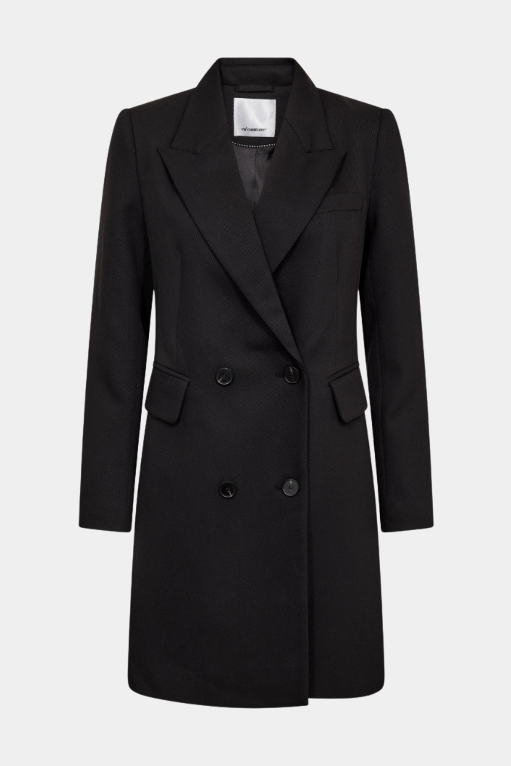 blazer, habit, kjole, dress, sort, dobbeltradet, knapper, lommer, Fin, smuk, elegant, klassisk, staple, feminin, pæn, rå, cool, sej, unik, musthave, hverdag, fest, kvinde, dame, woman
