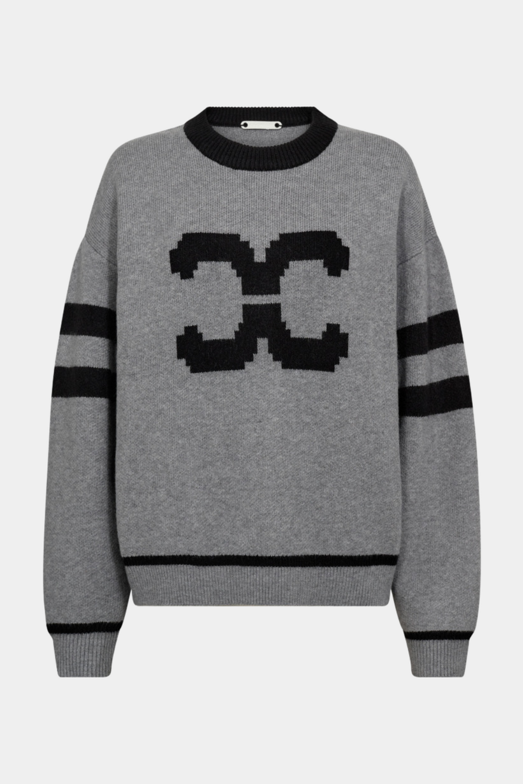 strik, knit, trøje, bluse, logo, cc, grå, sort, grey, varm, blød, Fin, smuk, elegant, klassisk, staple, feminin, pæn, rå, cool, sej, unik, musthave, hverdag, fest, kvinde, dame, woman
