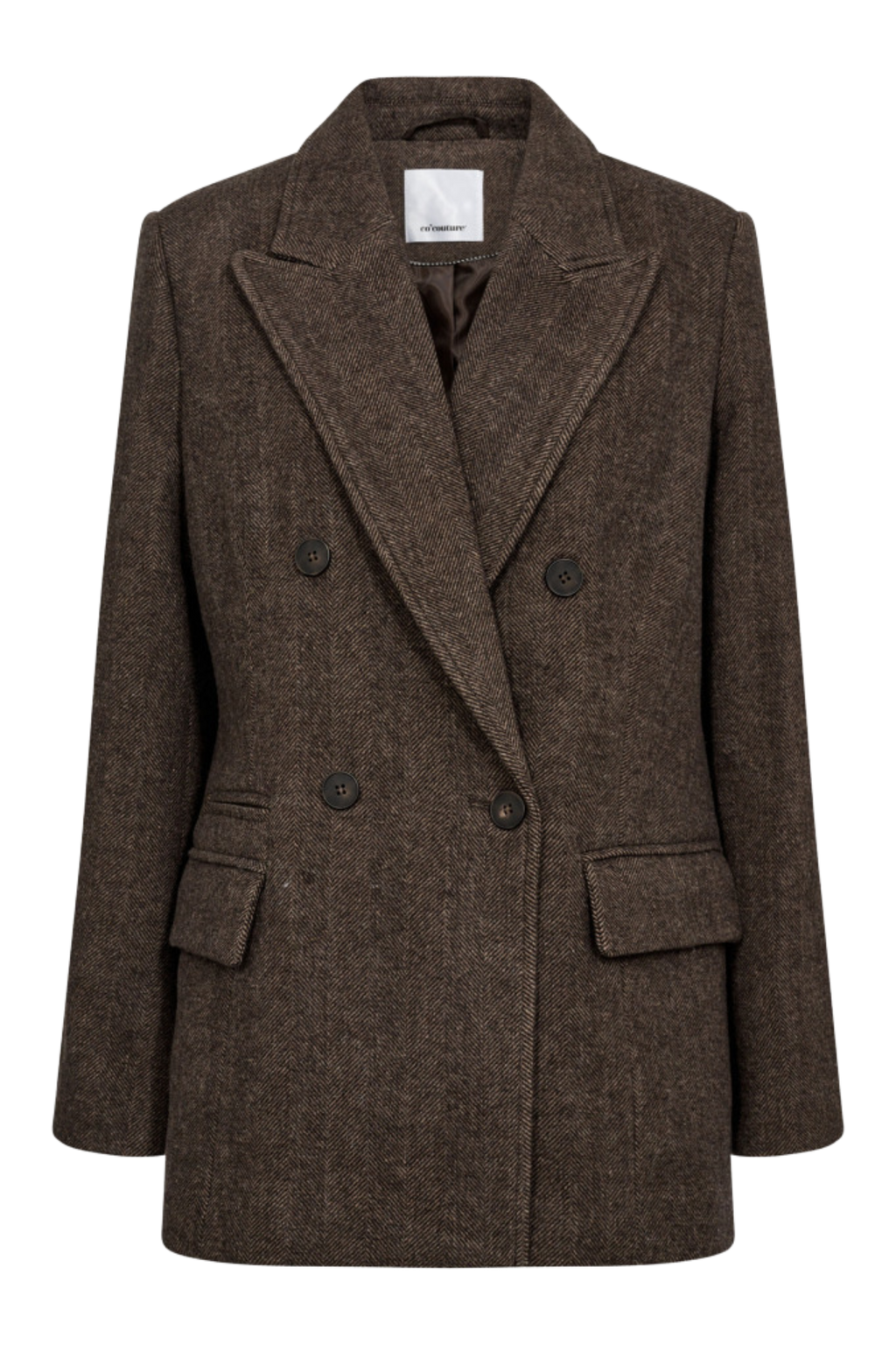 Fin, smuk, elegant, klassisk, staple, feminin, pæn, rå, cool, sej, unik, musthave, hverdag, fest, kvinde, dame, woman, jakke, frakke, blazer, blazerjakke, overtøj, coat, dobbeltradet, raglan, lommer, classic, klassisk, tidsløs, timeless, brun, brown, tweed, uld, wool, warm, varm, overgangsjakke