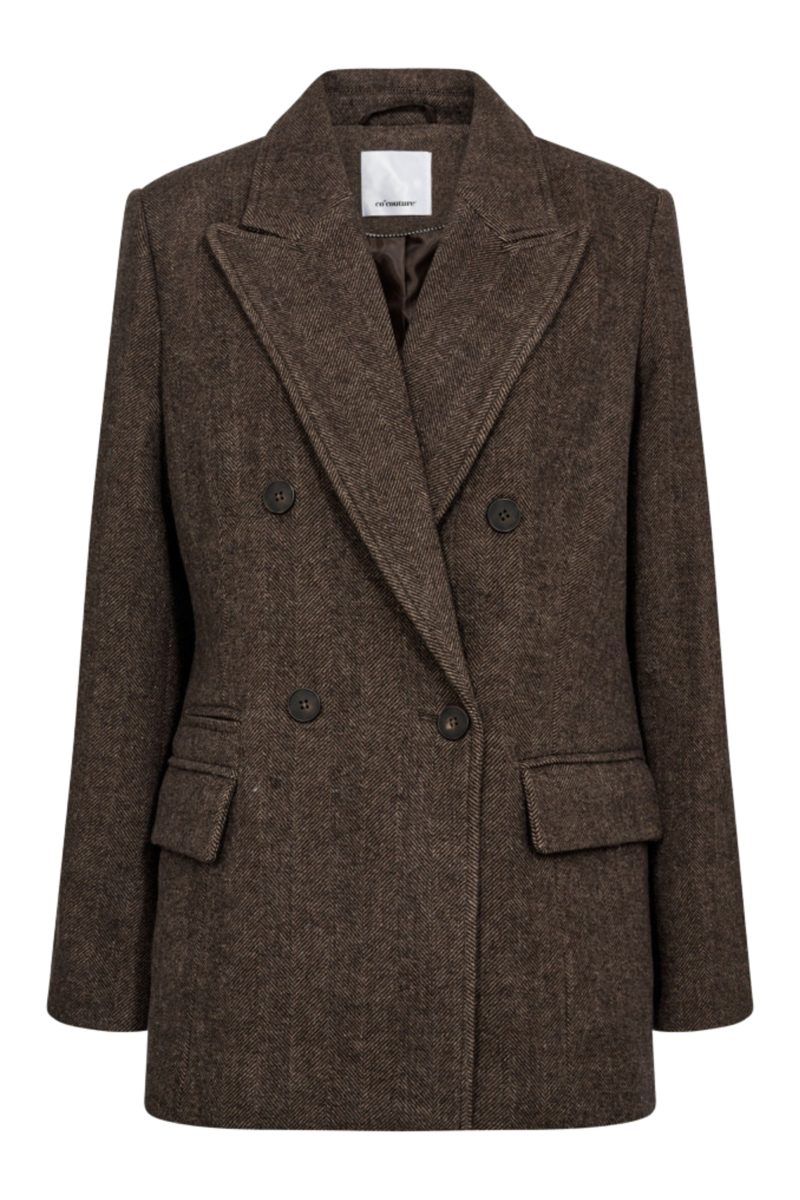 Fin, smuk, elegant, klassisk, staple, feminin, pæn, rå, cool, sej, unik, musthave, hverdag, fest, kvinde, dame, woman, jakke, frakke, blazer, blazerjakke, overtøj, coat, dobbeltradet, raglan, lommer, classic, klassisk, tidsløs, timeless, brun, brown, tweed, uld, wool, warm, varm, overgangsjakke