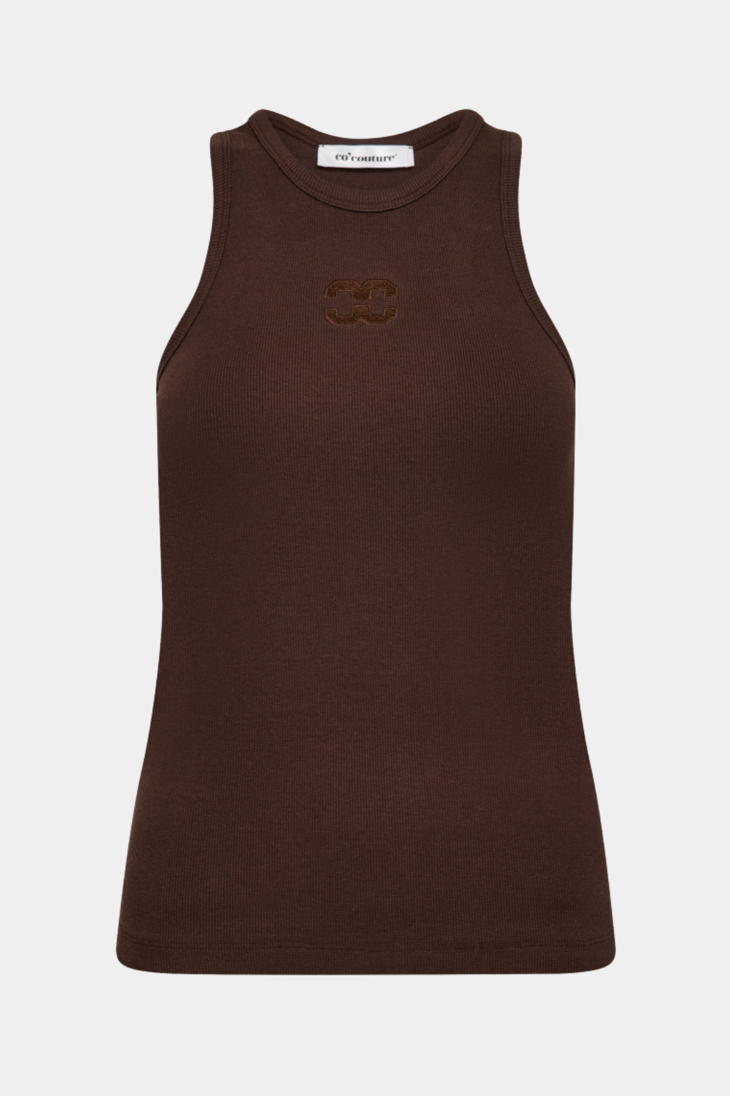 top, tankop, CC, broderi, logo, brun, brown, mocca, Fin, smuk, elegant, klassisk, staple, feminin, pæn, rå, cool, sej, unik, musthave, hverdag, fest, kvinde, dame, woman
