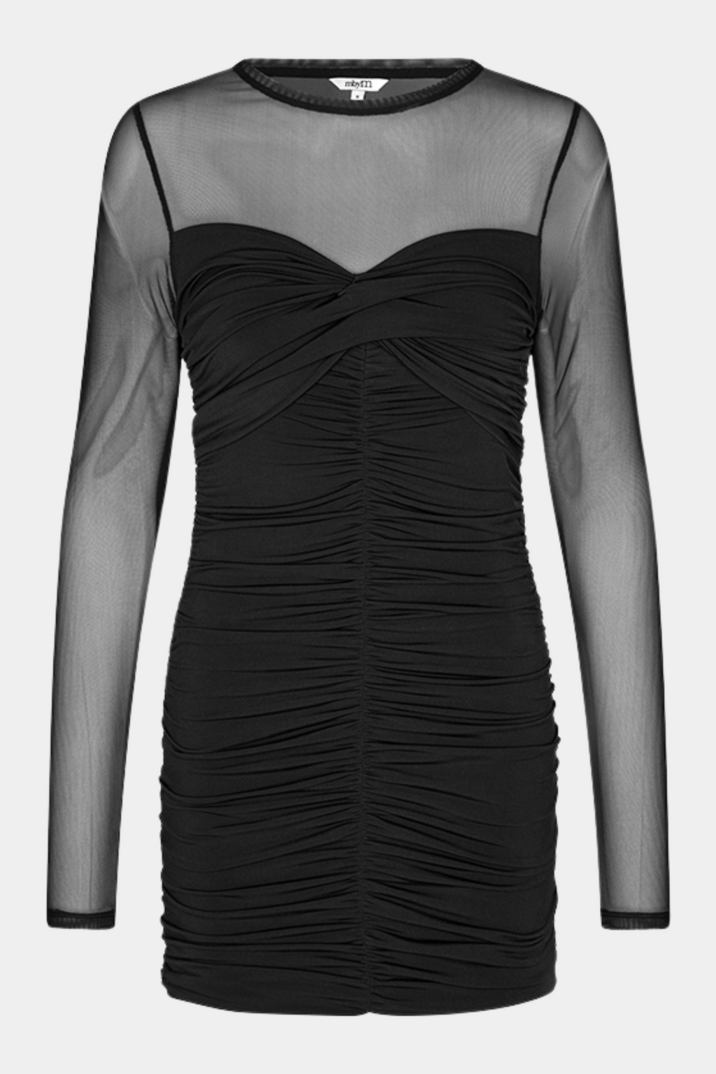 kjole, dress, tætsiddende, stam, tight, slim, rynke, rynk, mesh, langærmet, transparent, gennemsigtig, see through, bandeau, stropløs, strapless, elegant, fin, feminin, fest, festkjole, sort, black, kort, short, mini, midi, kvinde, dame, woman