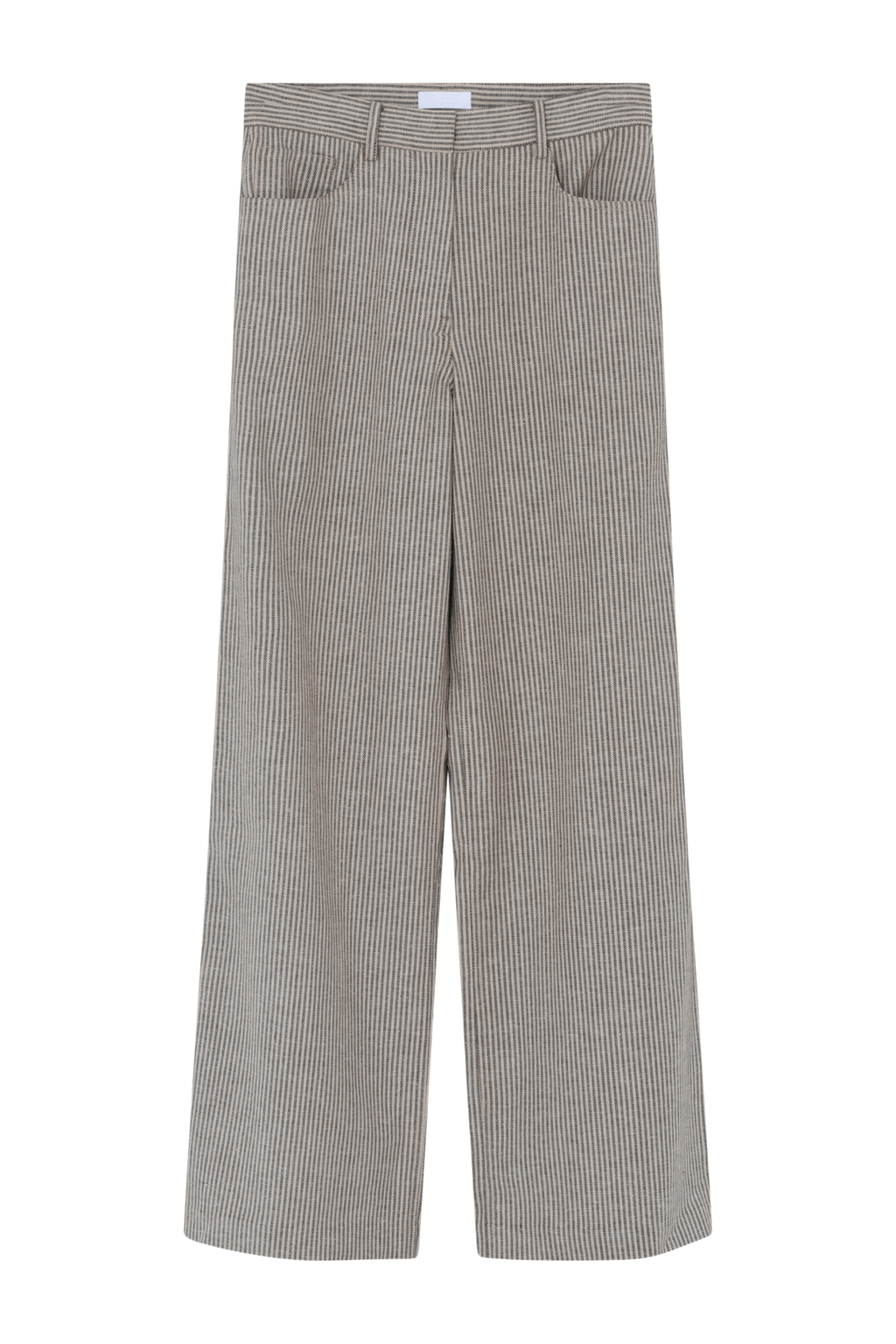 Fin, smuk, elegant, klassisk, staple, feminin, pæn, rå, cool, sej, unik, musthave, hverdag, fest, kvinde, dame, woman, hør, linen, bomudl, cotton, strib, stripe, stribet, nålestrib, lommer, pockets, bæltestropper, blød, soft, bred, vid, vidde, wide, brun, beige, summer, sommer, beach, bali